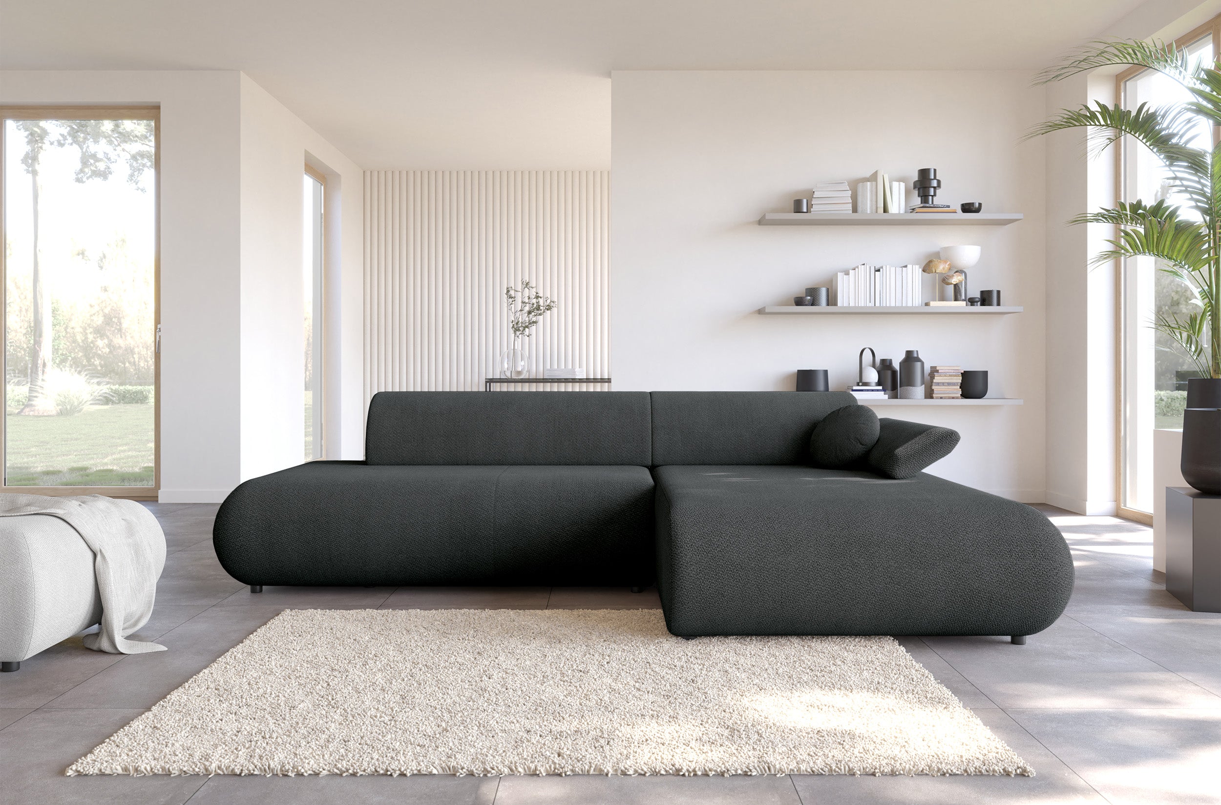 Ecksofa mit Schlafunktion Armone, L-förmig, rechtsseitig, grafitfarben, Chenille