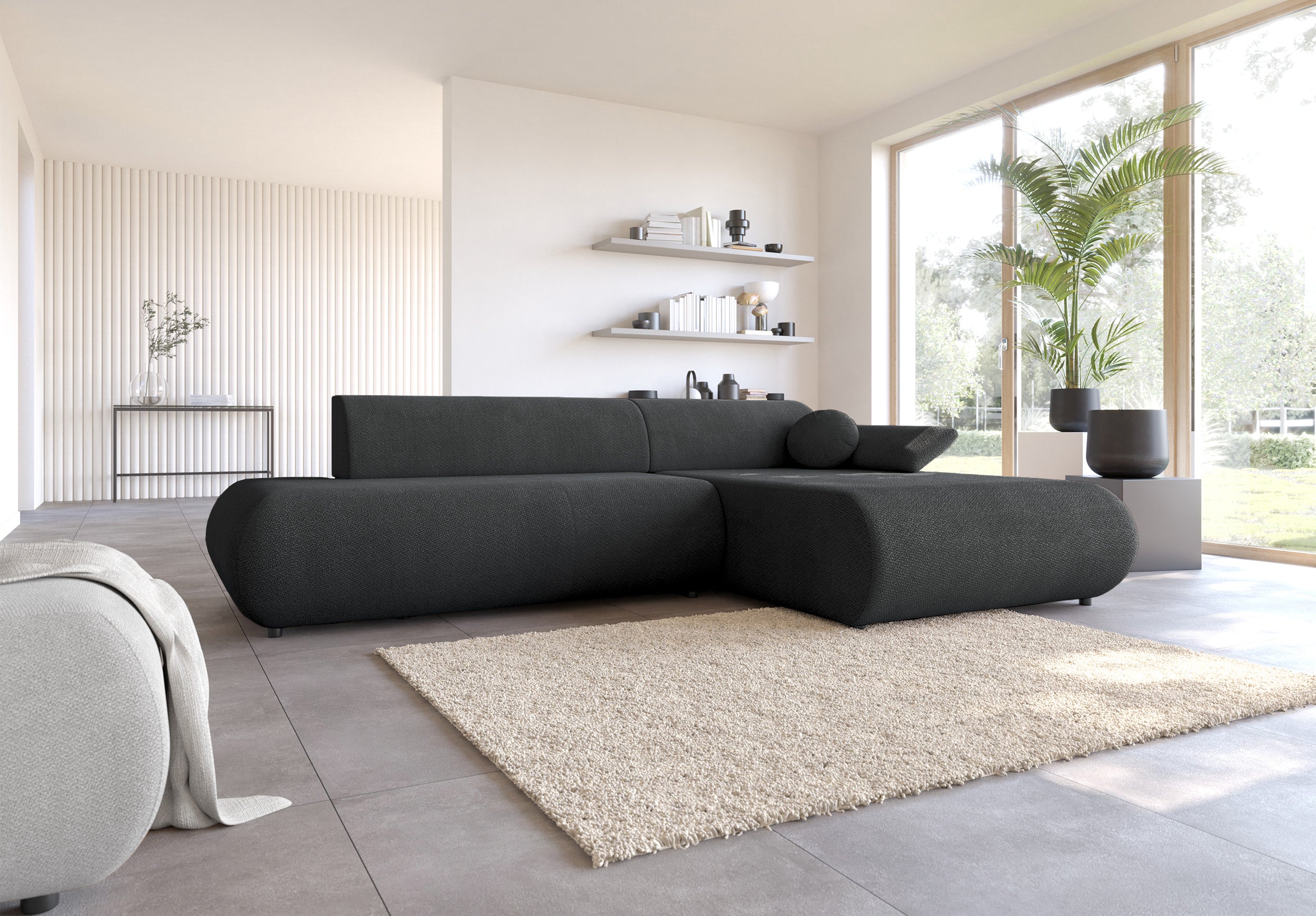 Ecksofa mit Schlafunktion Armone, L-förmig, rechtsseitig, grafitfarben, Chenille