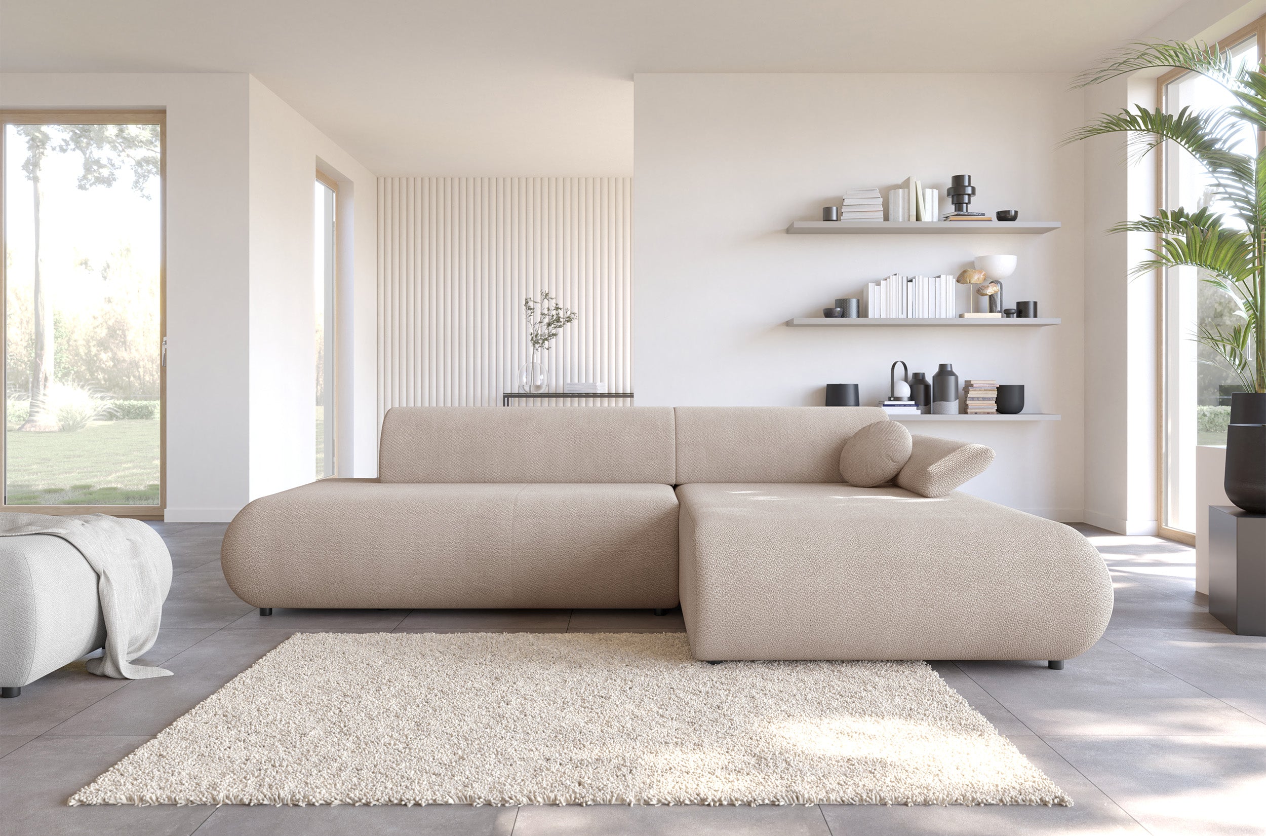 Ecksofa mit Schlaffunktion Armone, L-förmig, rechtsseitig, hellbeige Chenille