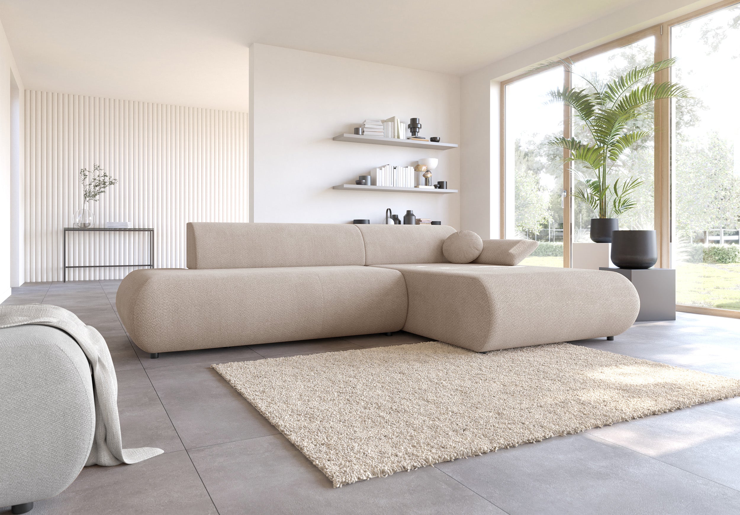 Ecksofa mit Schlaffunktion Armone, L-förmig, rechtsseitig, hellbeige Chenille