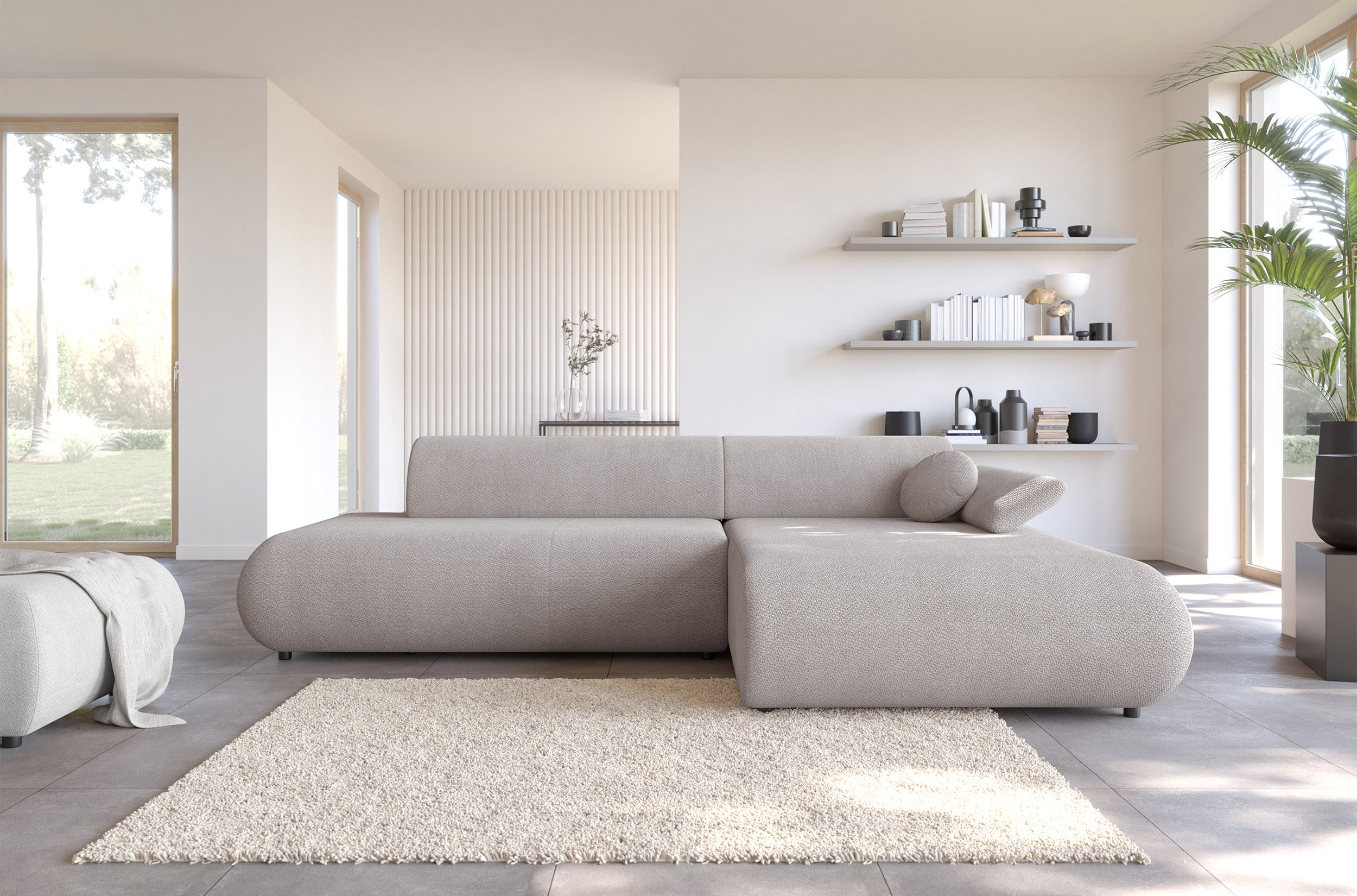 Ecksofa mit Schlaffunktion Armone, L-förmig, rechtsseitig, hellgrauer Chenille-Stoff