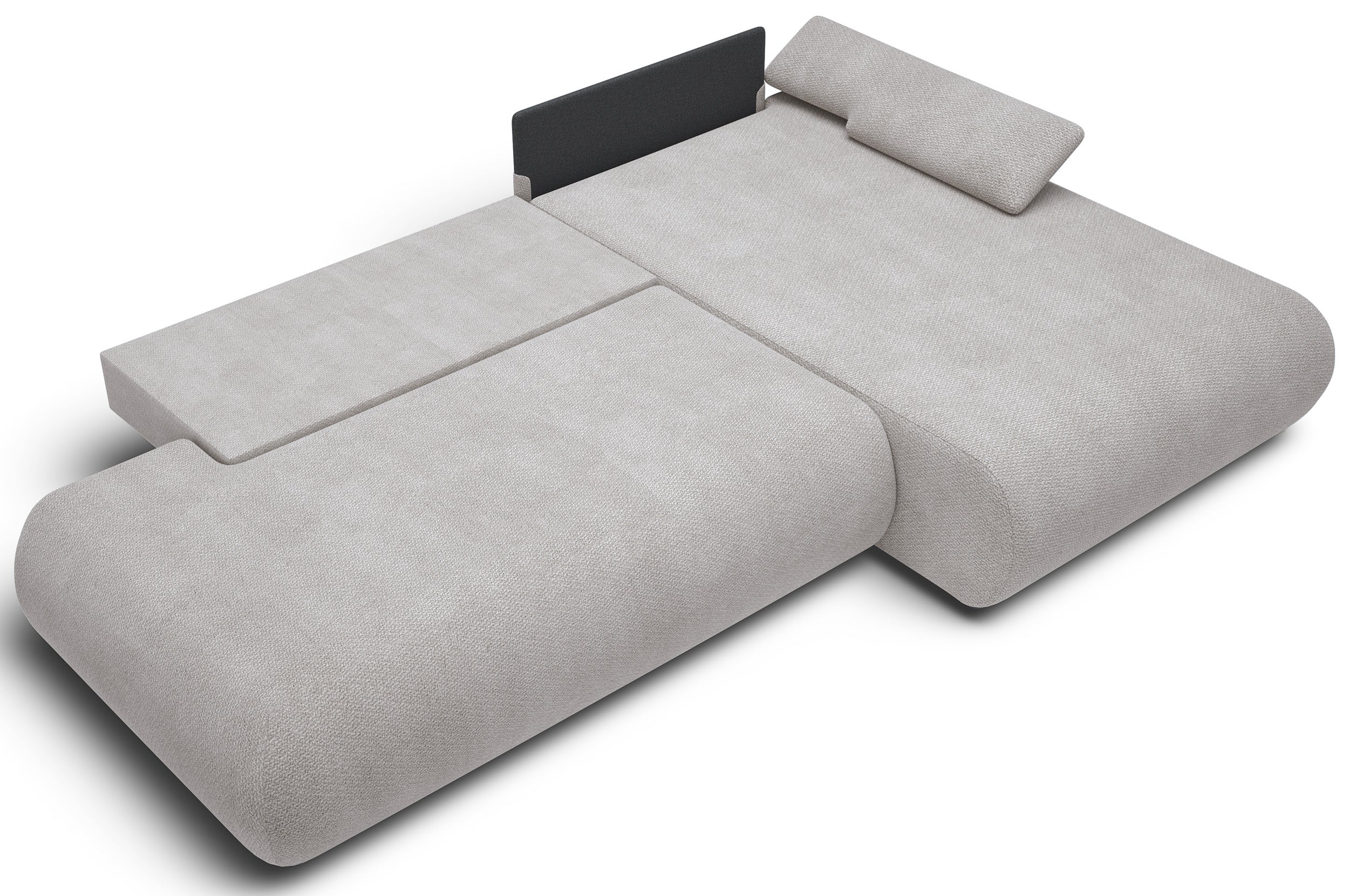 Ecksofa mit Schlaffunktion Armone, L-förmig, rechtsseitig, hellgrauer Chenille-Stoff