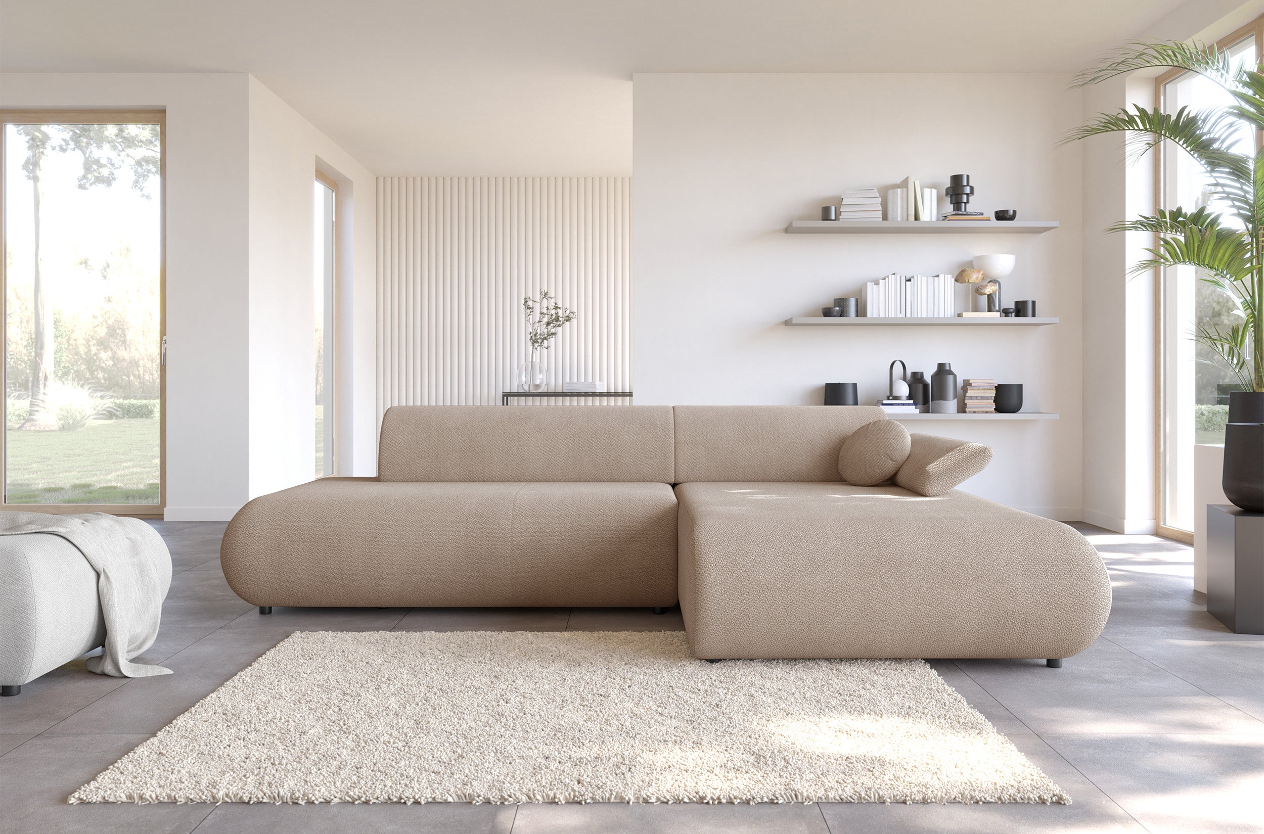 Ecksofa mit Schlaffunktion Armone, L-förmig, rechtsseitig, beige Chenille