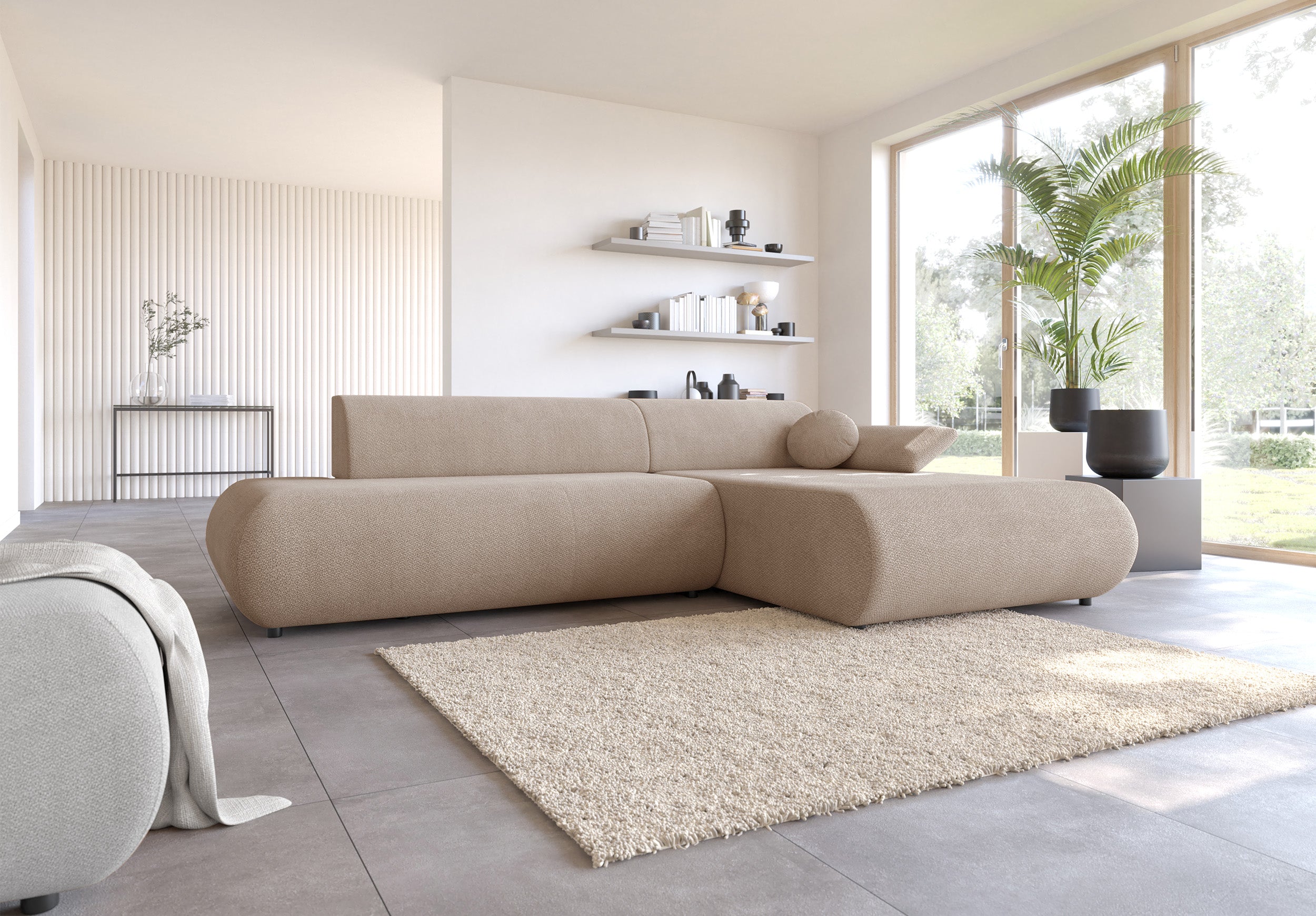Ecksofa mit Schlaffunktion Armone, L-förmig, rechtsseitig, beige Chenille