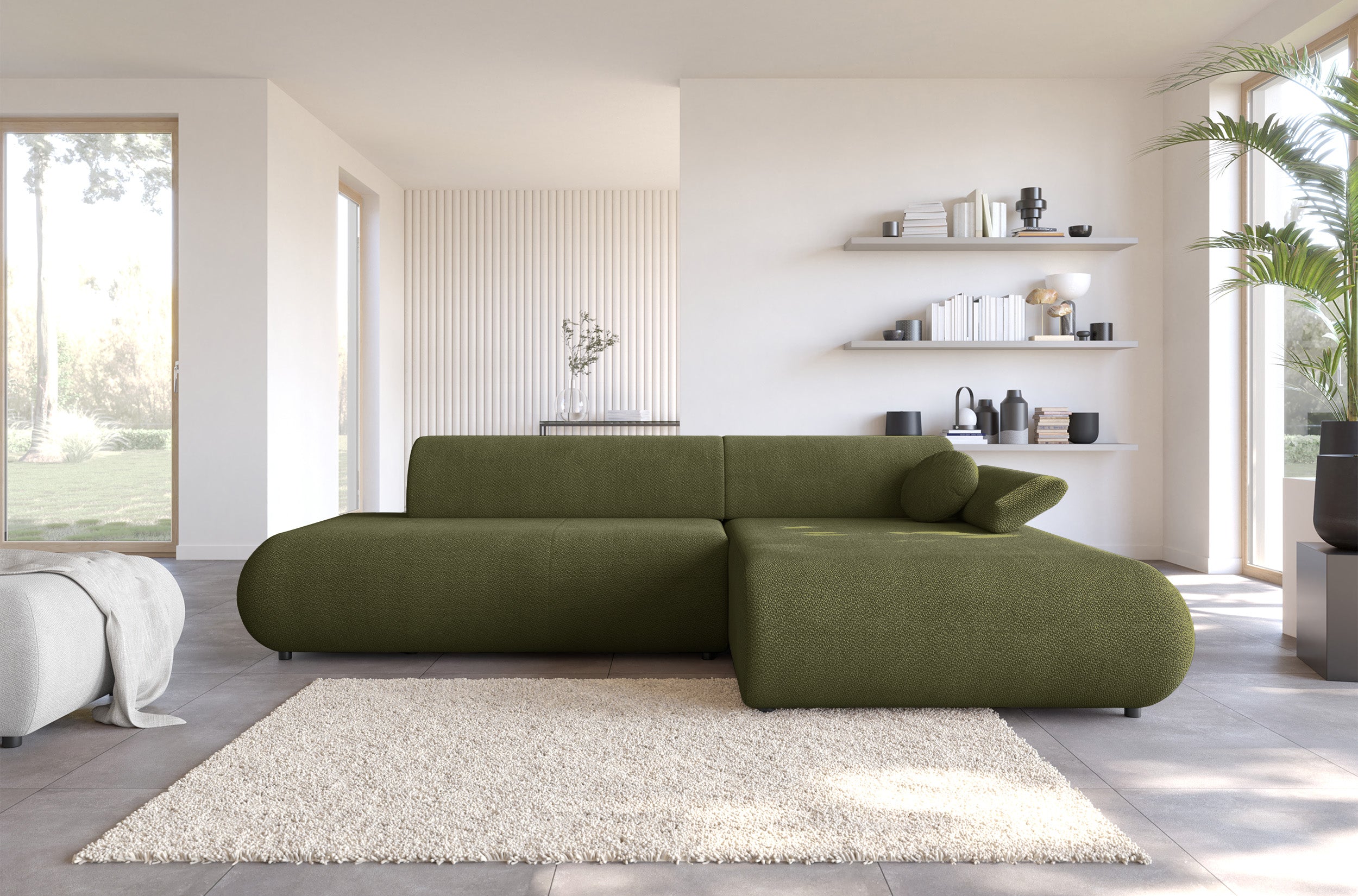 Ecksofa mit Schlaffunktion Armone, L-förmig, rechtsseitig, olivgrüner Chenille-Stoff
