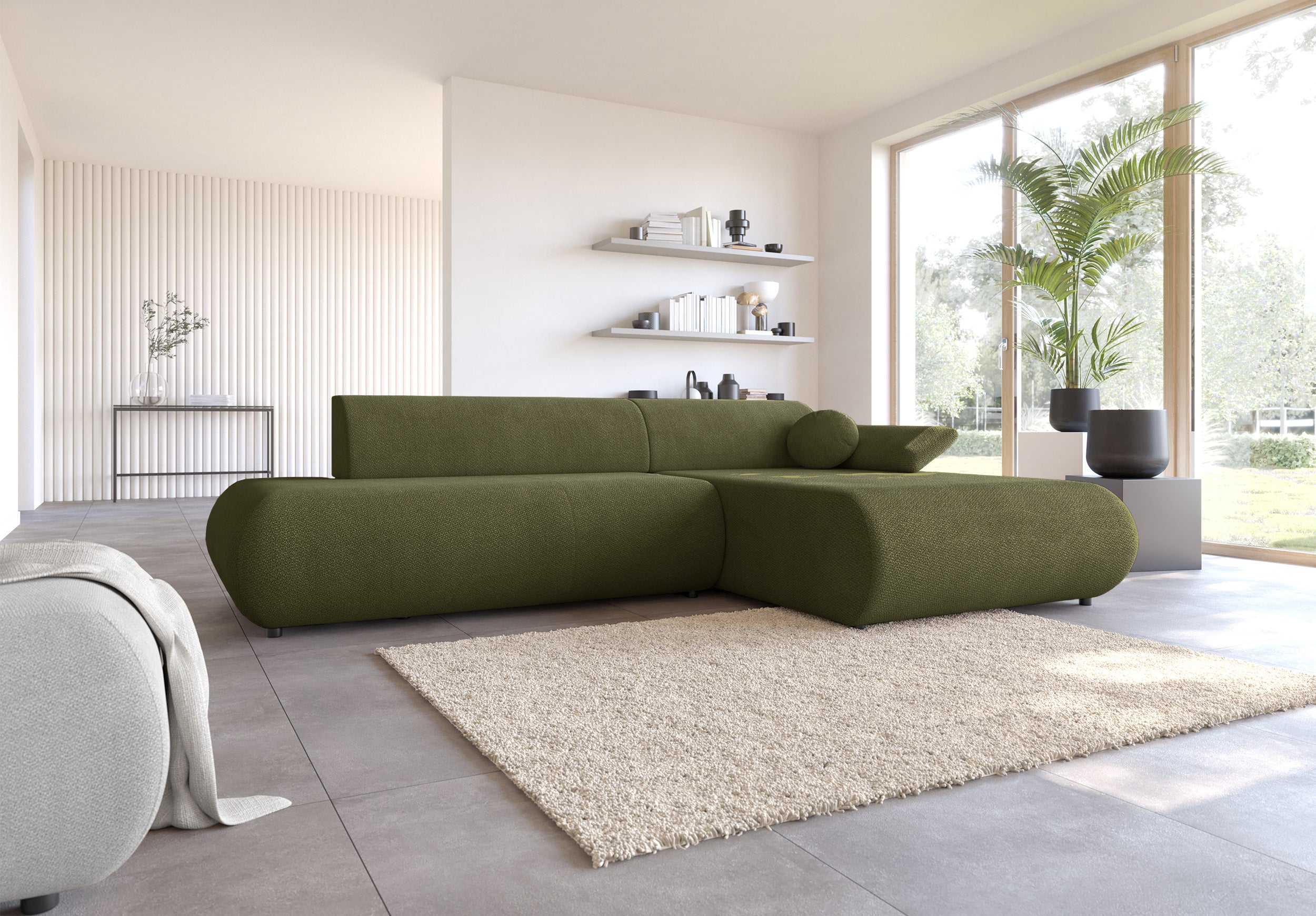 Ecksofa mit Schlaffunktion Armone, L-förmig, rechtsseitig, olivgrüner Chenille-Stoff