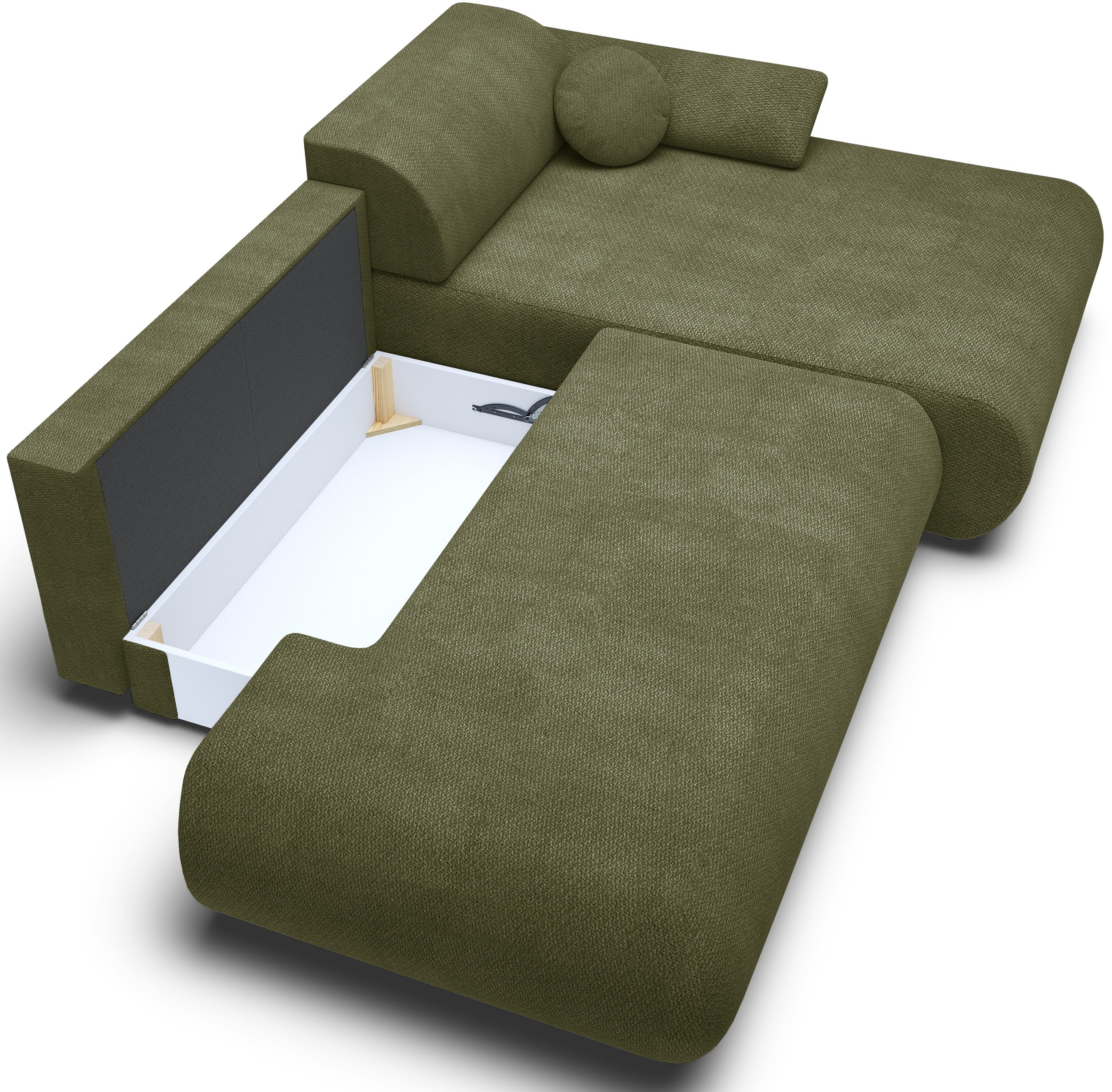 Ecksofa mit Schlaffunktion Armone, L-förmig, rechtsseitig, olivgrüner Chenille-Stoff