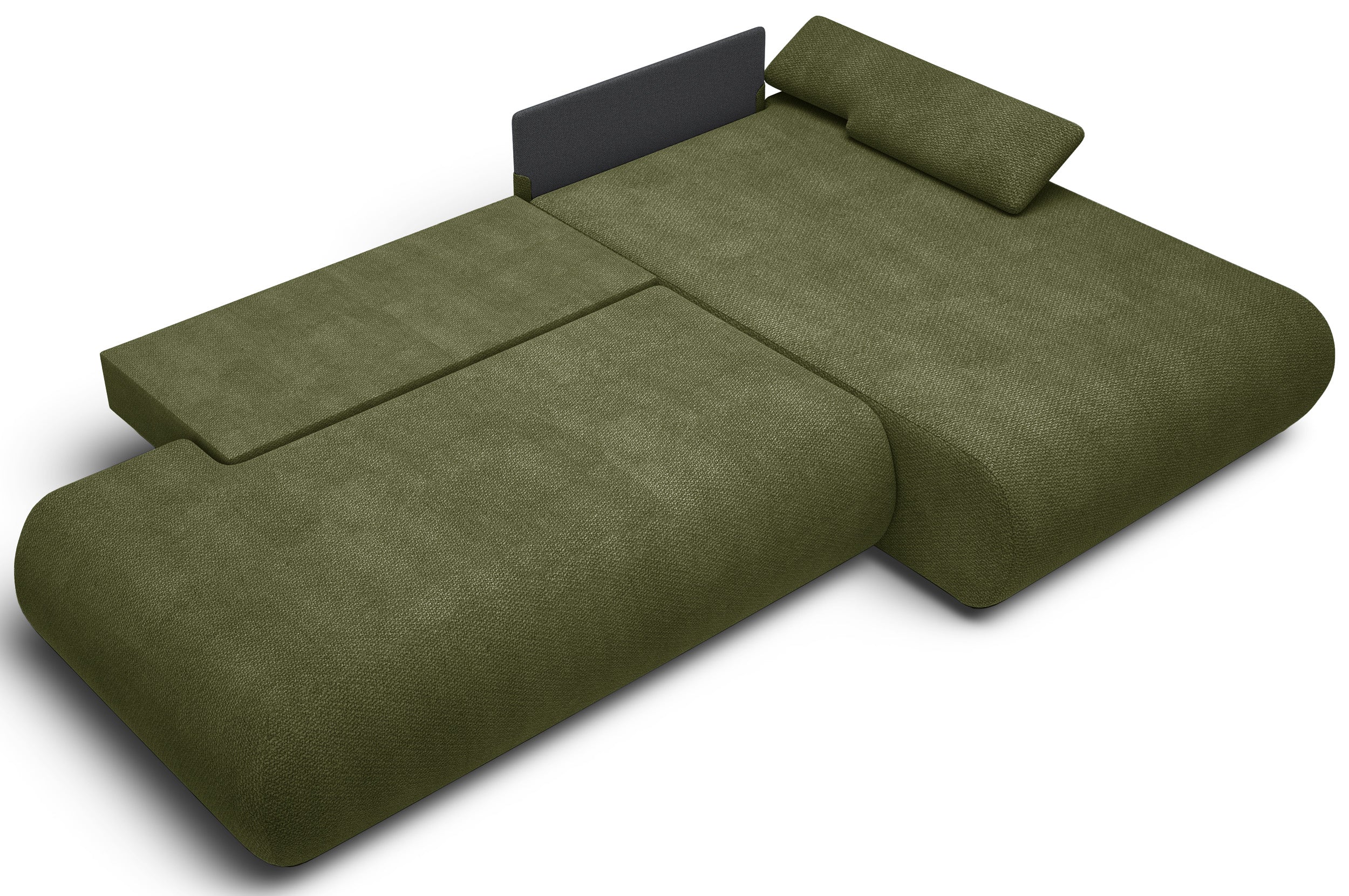 Ecksofa mit Schlaffunktion Armone, L-förmig, rechtsseitig, olivgrüner Chenille-Stoff