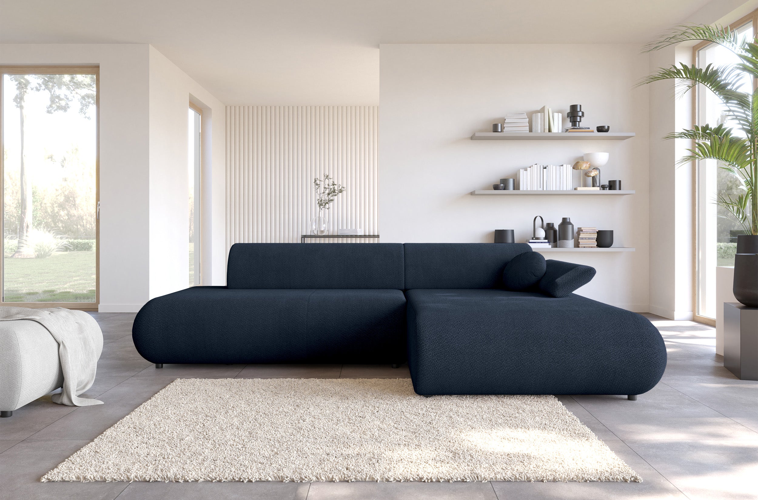 Ecksofa mit Schlafunktion Armone, L-förmig, rechtsseitig, marineblauer Chenille-Stoff