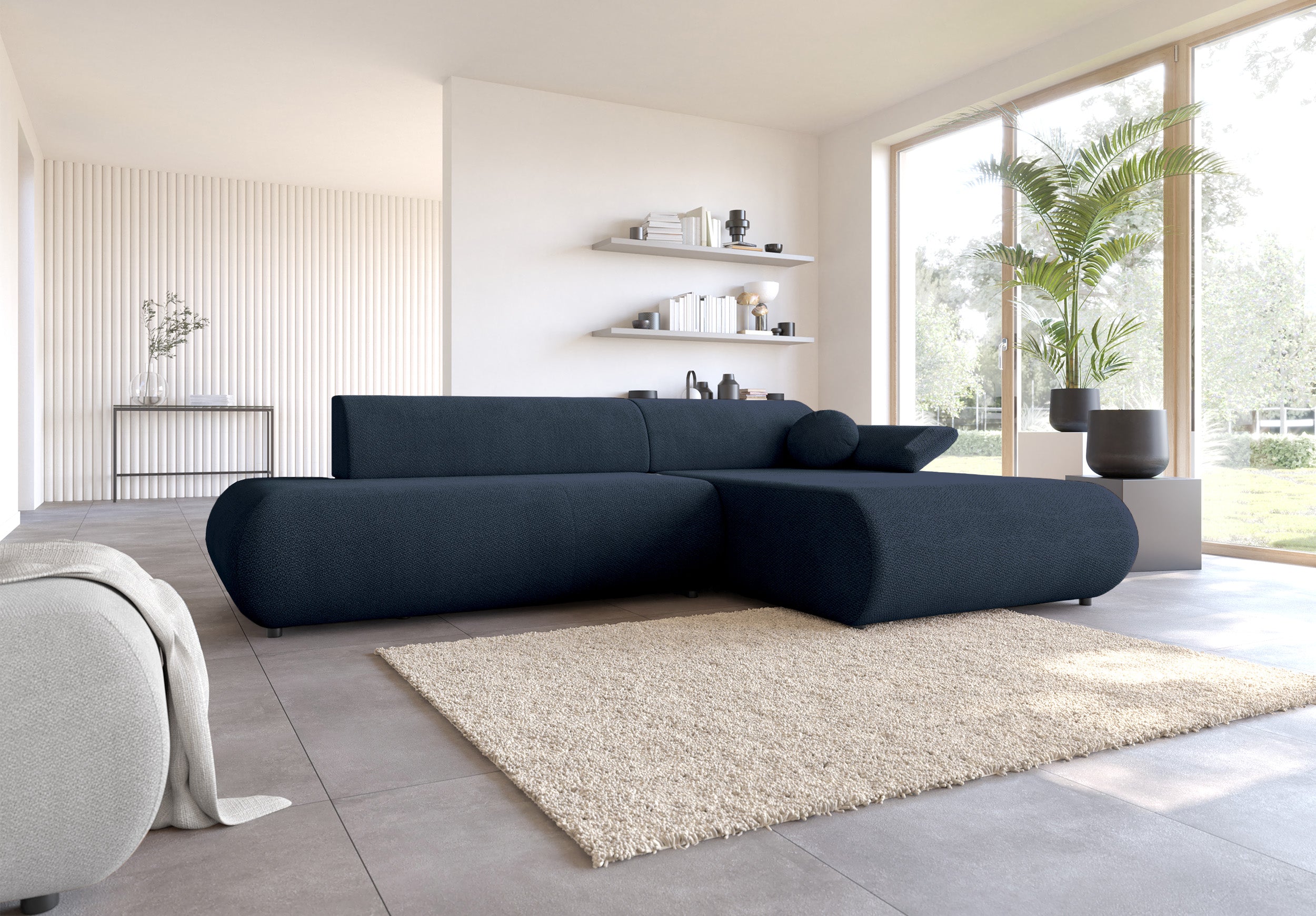 Ecksofa mit Schlafunktion Armone, L-förmig, rechtsseitig, marineblauer Chenille-Stoff