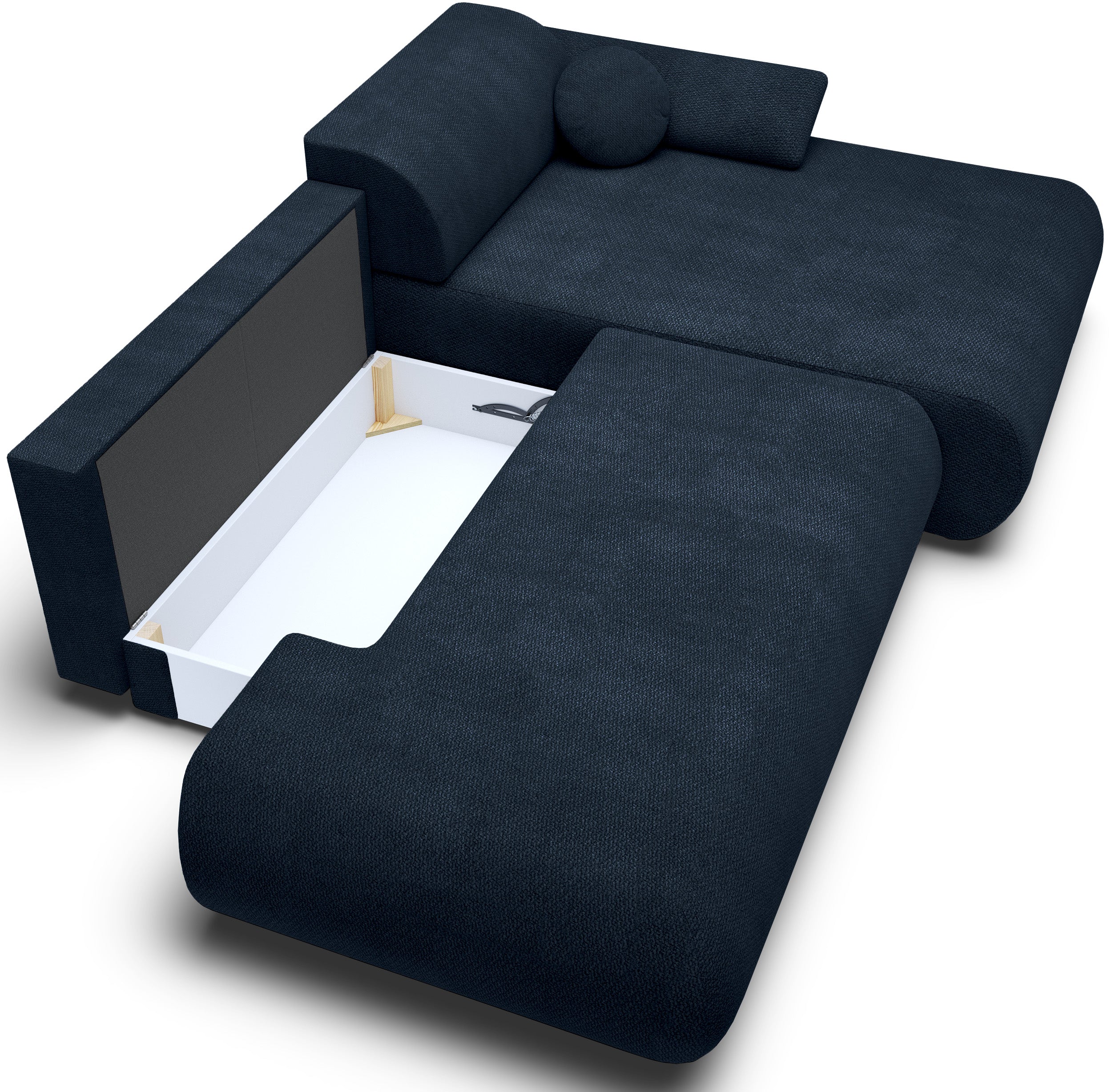 Ecksofa mit Schlafunktion Armone, L-förmig, rechtsseitig, marineblauer Chenille-Stoff