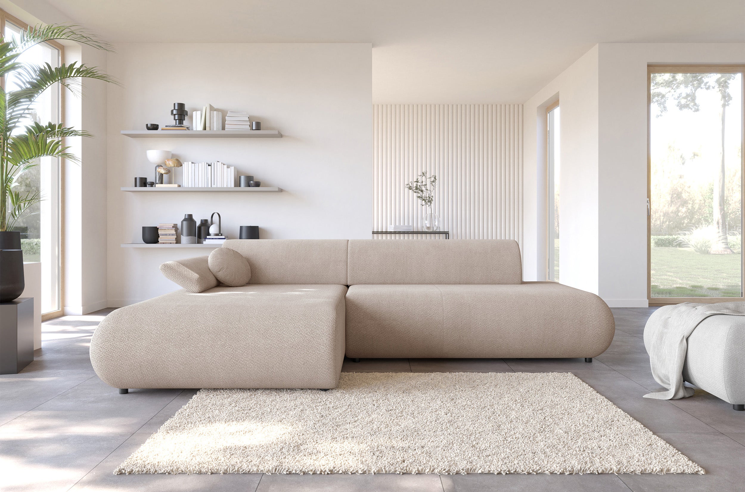 Ecksofa mit Schlaffunktion Armone, L-förmig, linksseitig, hellbeige Chenille