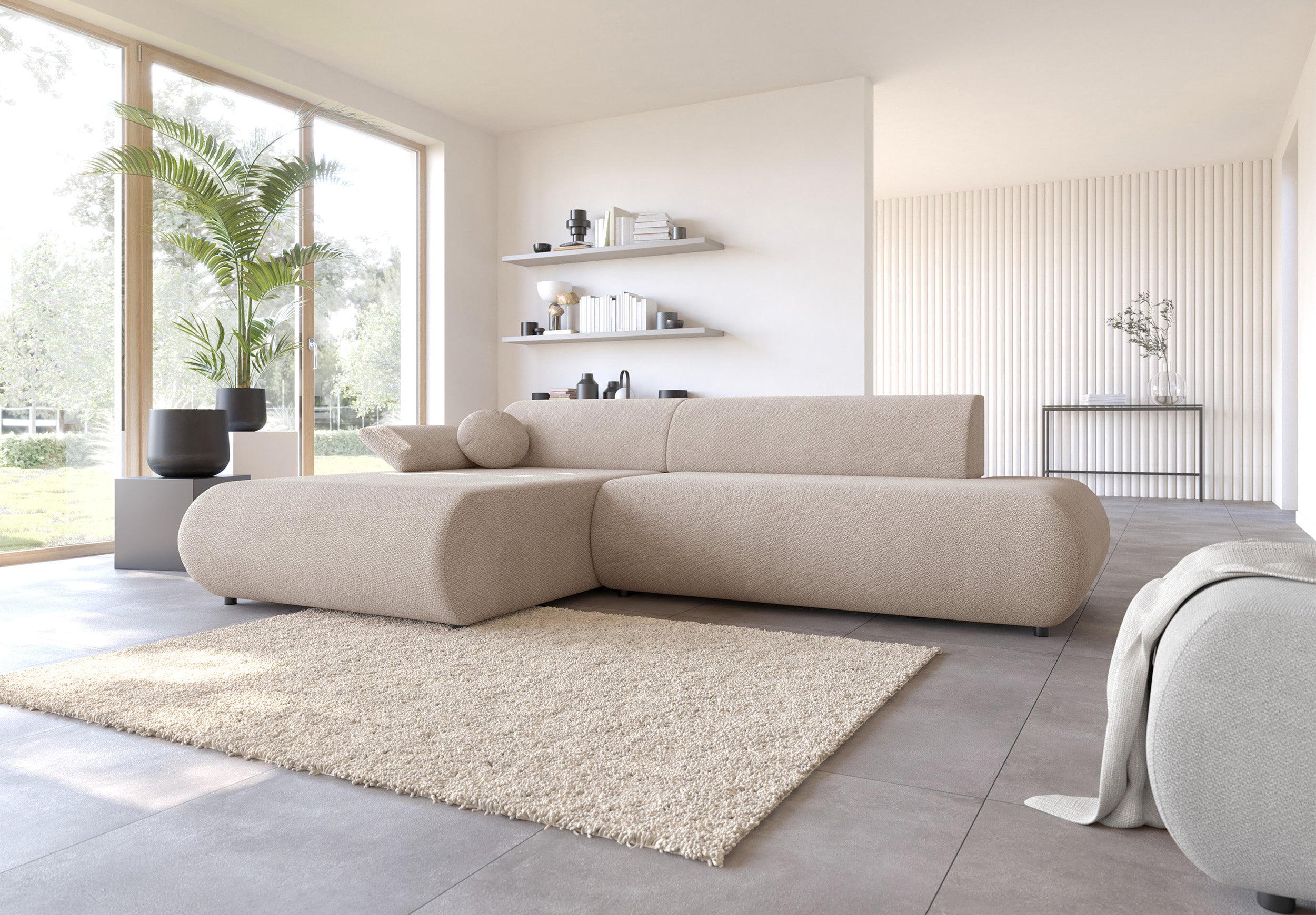 Ecksofa mit Schlaffunktion Armone, L-förmig, linksseitig, hellbeige Chenille