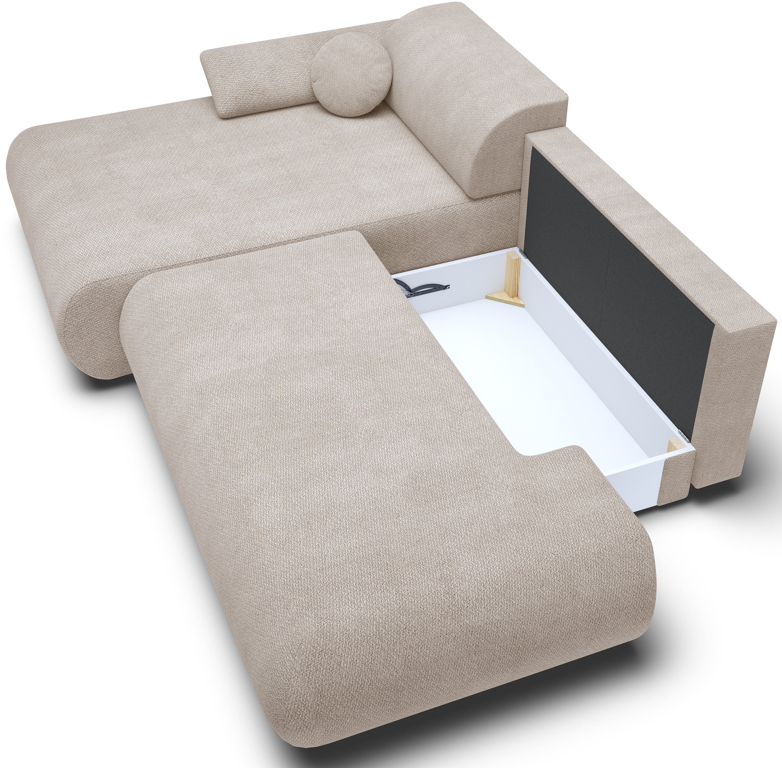 Ecksofa mit Schlaffunktion Armone, L-förmig, linksseitig, hellbeige Chenille