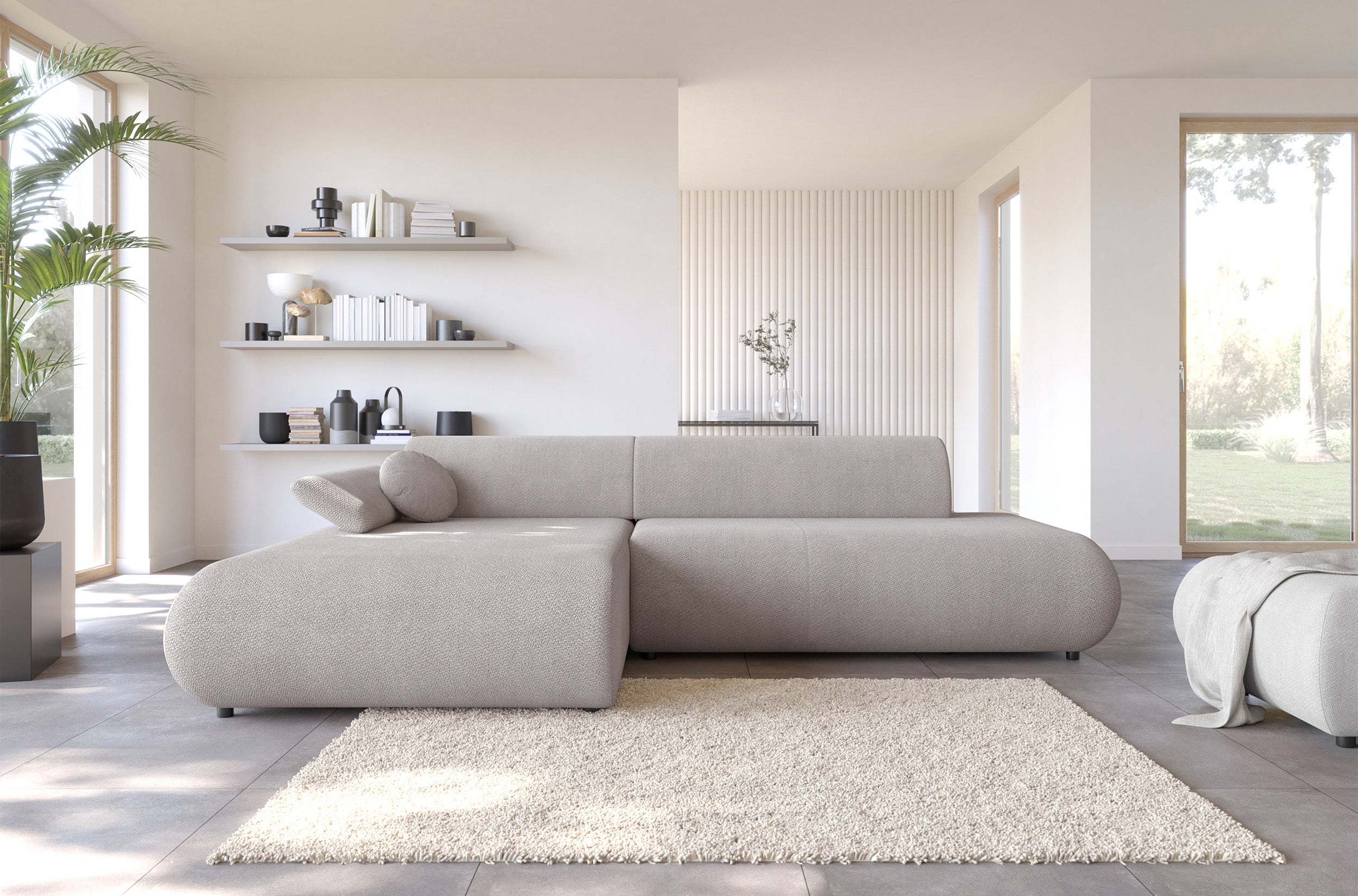 Ecksofa mit Schlaffunktion Armone, L-förmig, linksseitig, hellgrauer Chenille-Stoff