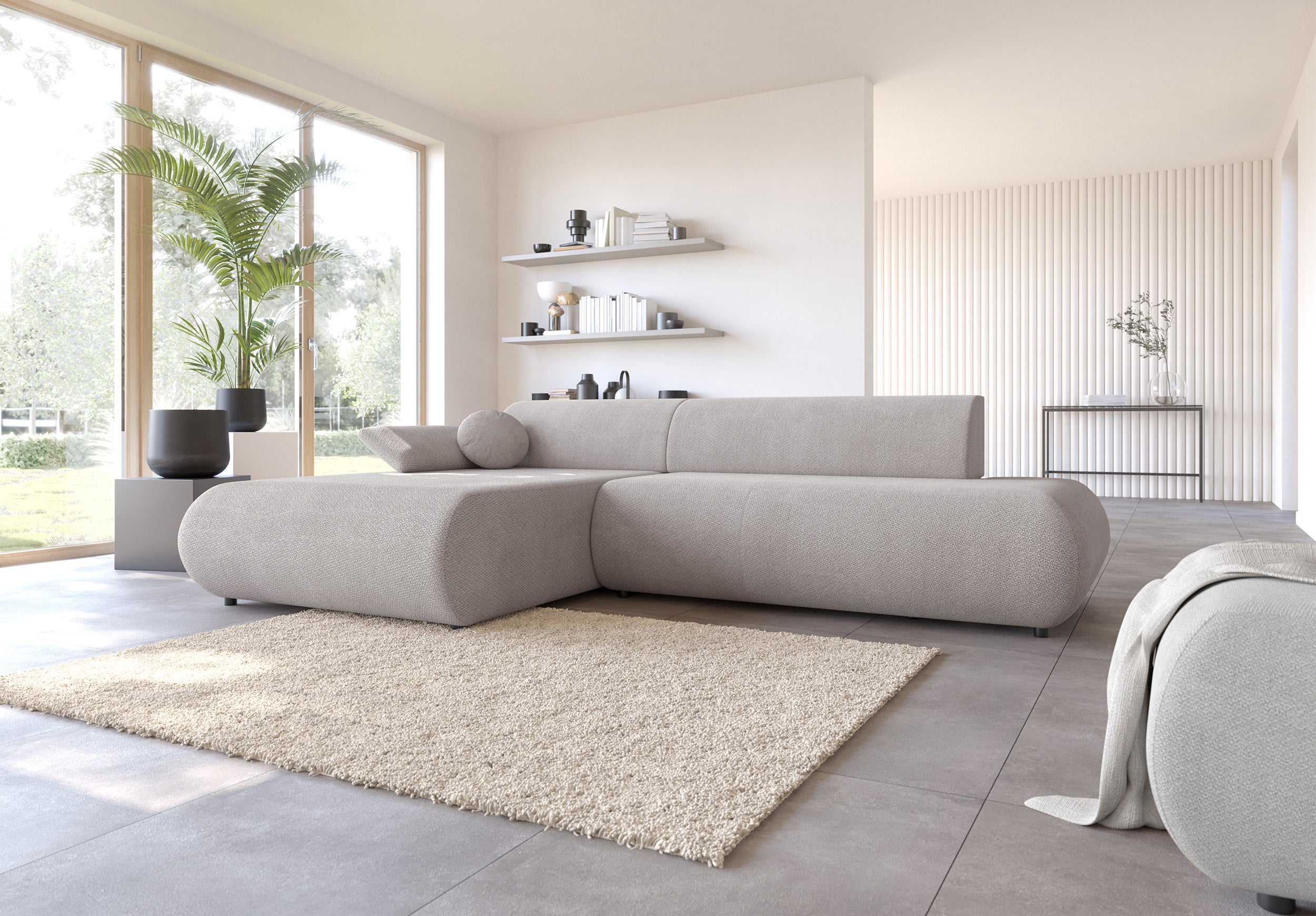 Ecksofa mit Schlaffunktion Armone, L-förmig, linksseitig, hellgrauer Chenille-Stoff