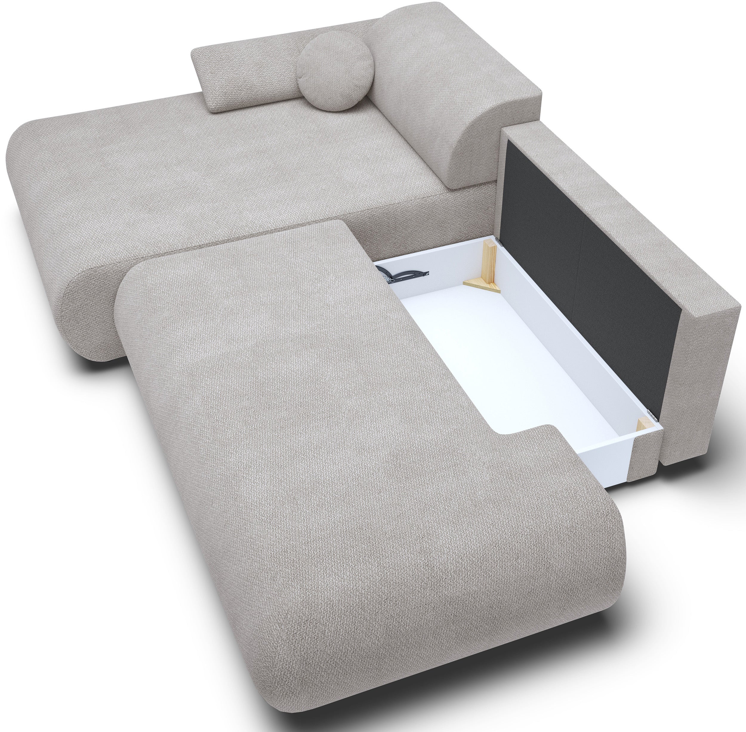 Ecksofa mit Schlaffunktion Armone, L-förmig, linksseitig, hellgrauer Chenille-Stoff