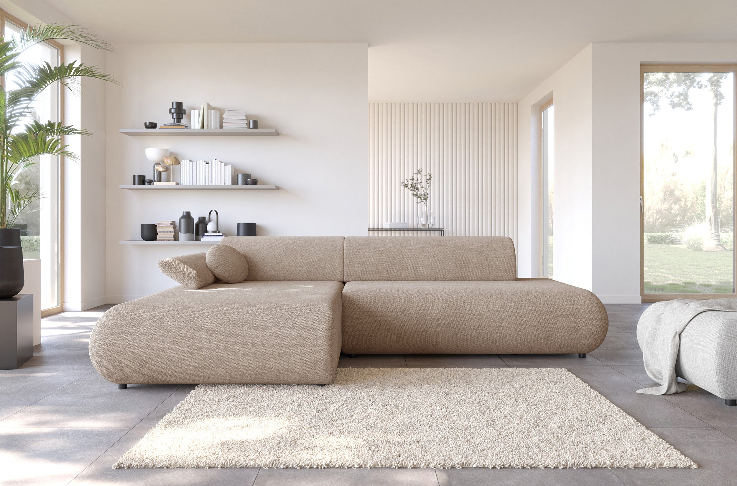 Ecksofa mit Schlaffunktion Armone, L-förmig, linksseitig, beige Chenille