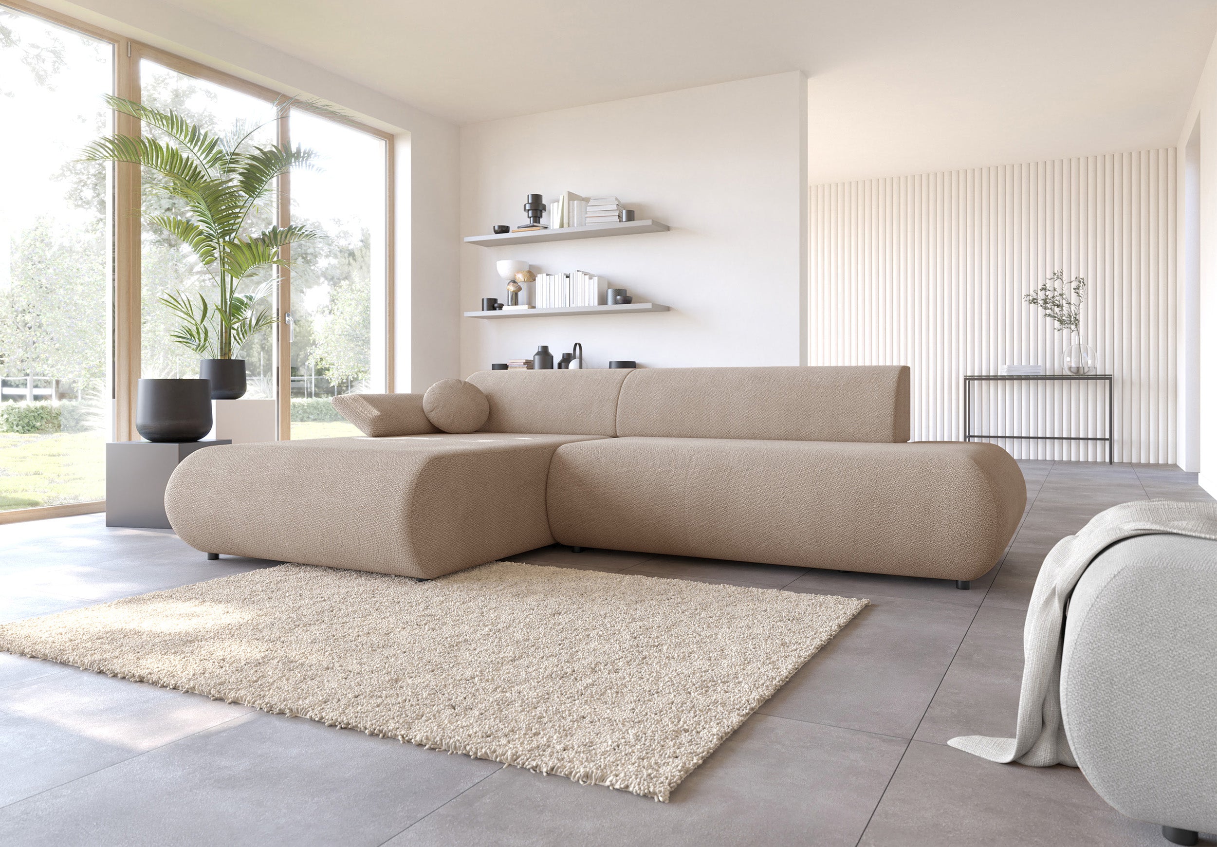 Ecksofa mit Schlaffunktion Armone, L-förmig, linksseitig, beige Chenille
