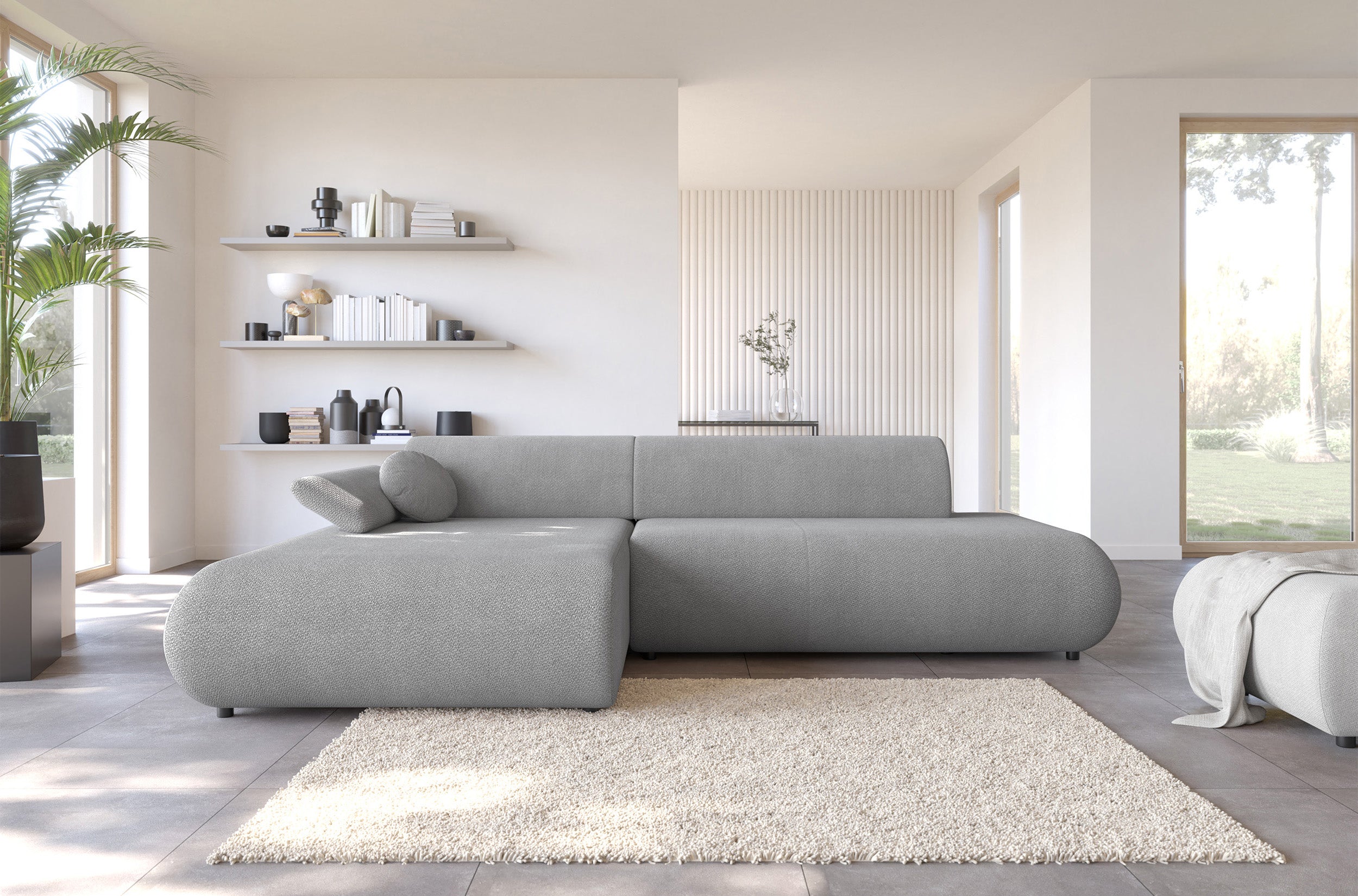 Ecksofa mit Schlaffunktion Armone, L-förmig, linksseitig, grauer Chenille-Stoff