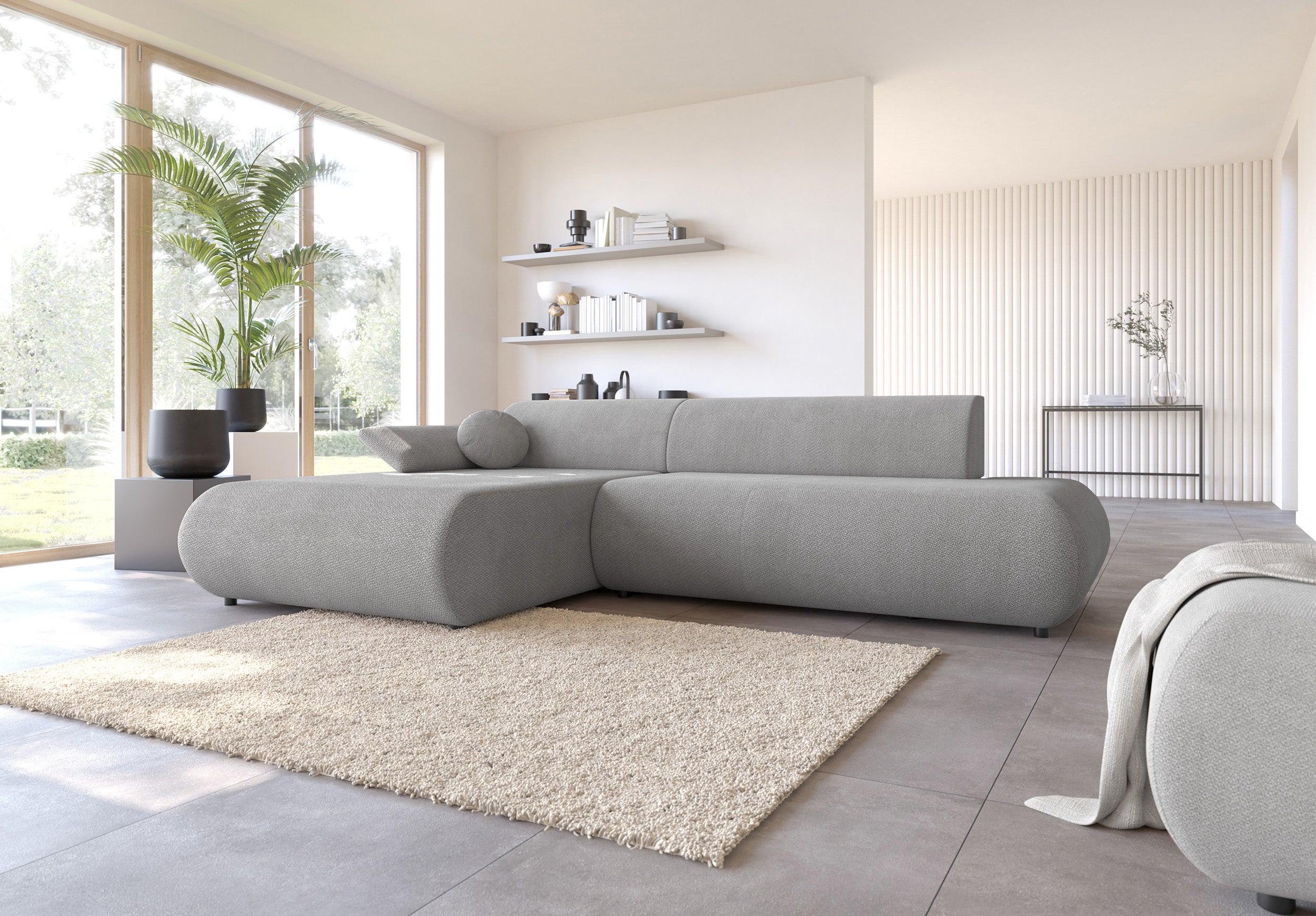 Ecksofa mit Schlaffunktion Armone, L-förmig, linksseitig, grauer Chenille-Stoff