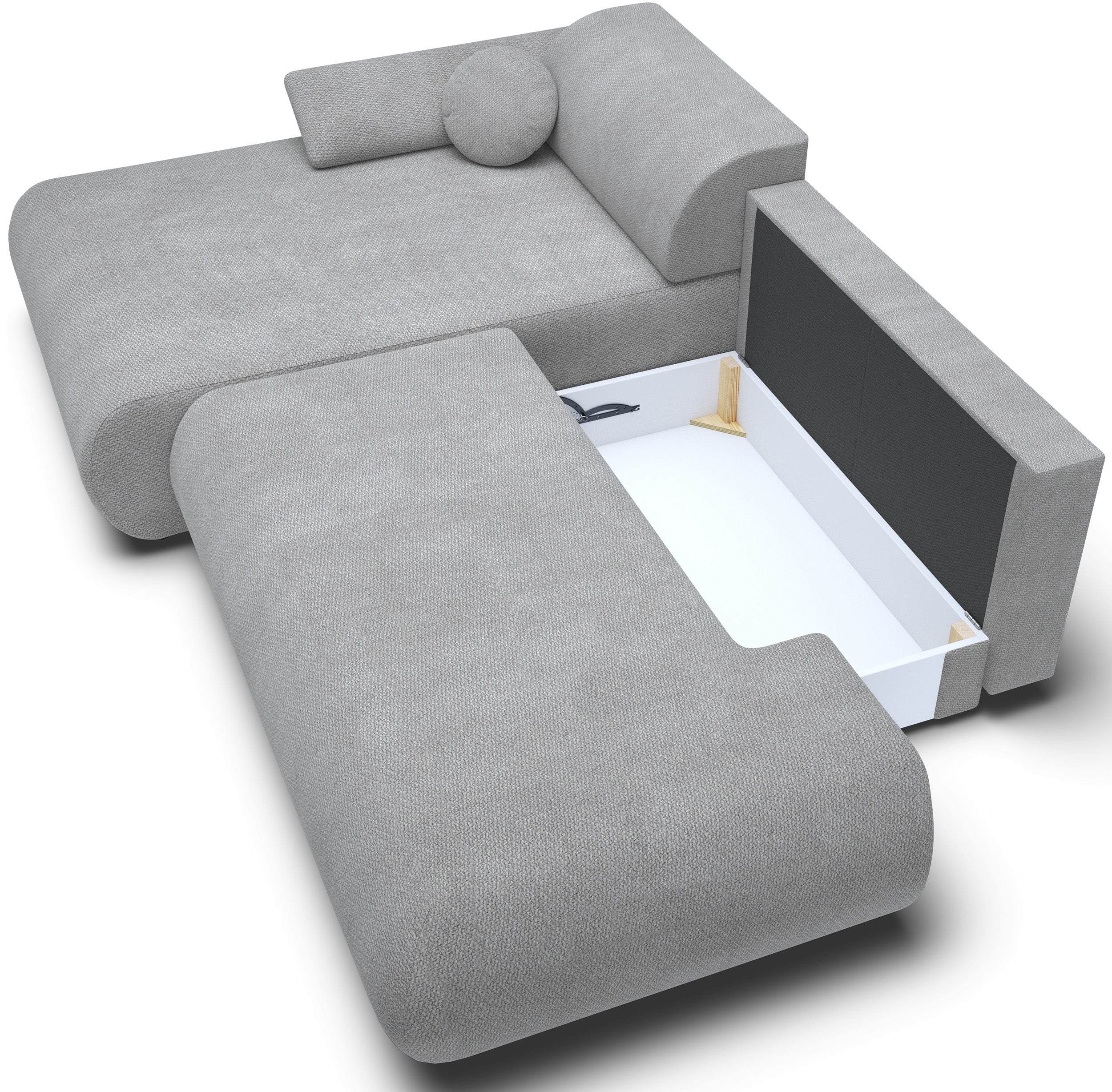Ecksofa mit Schlaffunktion Armone, L-förmig, linksseitig, grauer Chenille-Stoff