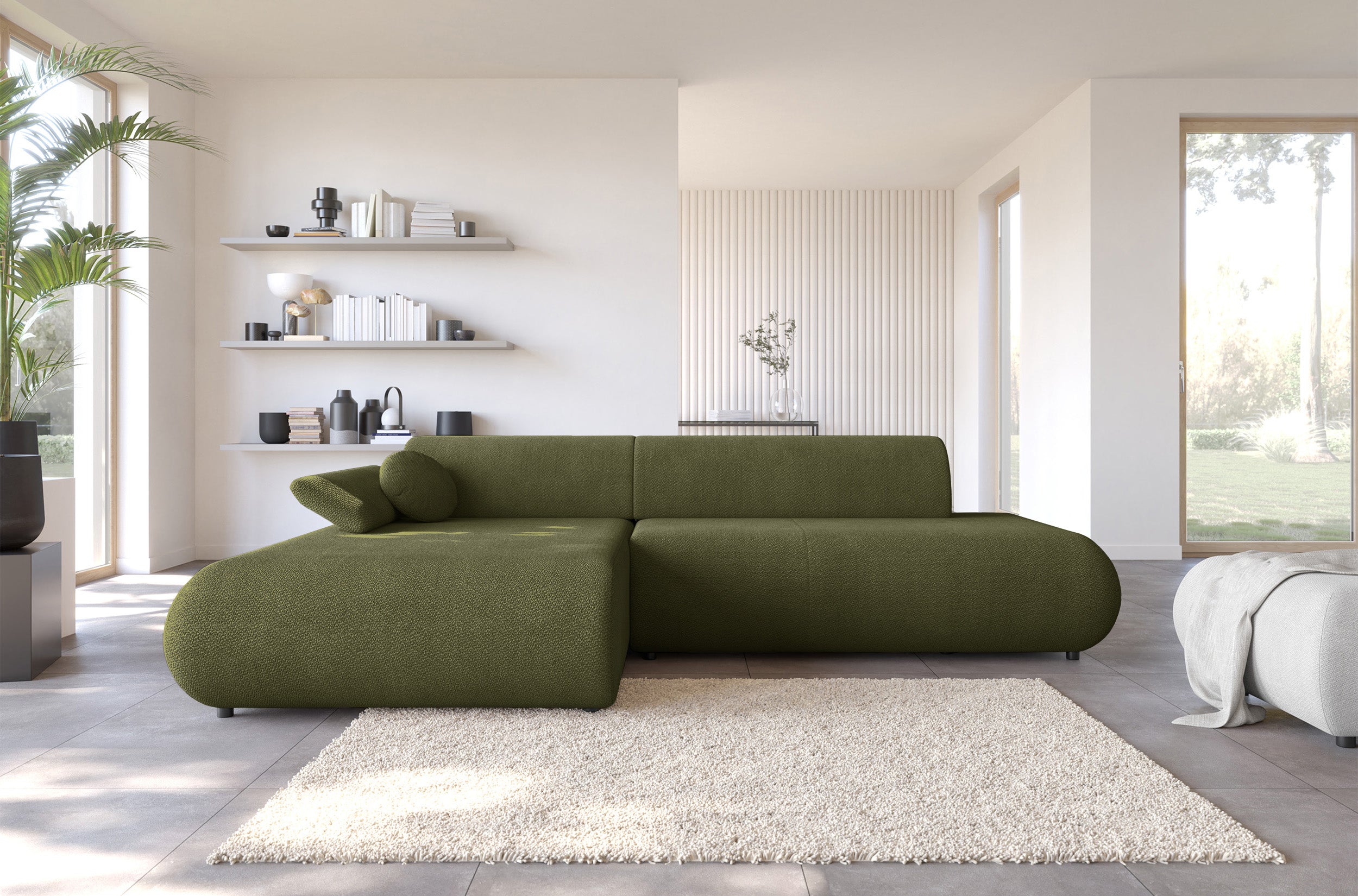 Ecksofa mit Schlaffunktion Armone, L-förmig, linksseitig, olivgrüner Chenillestoff