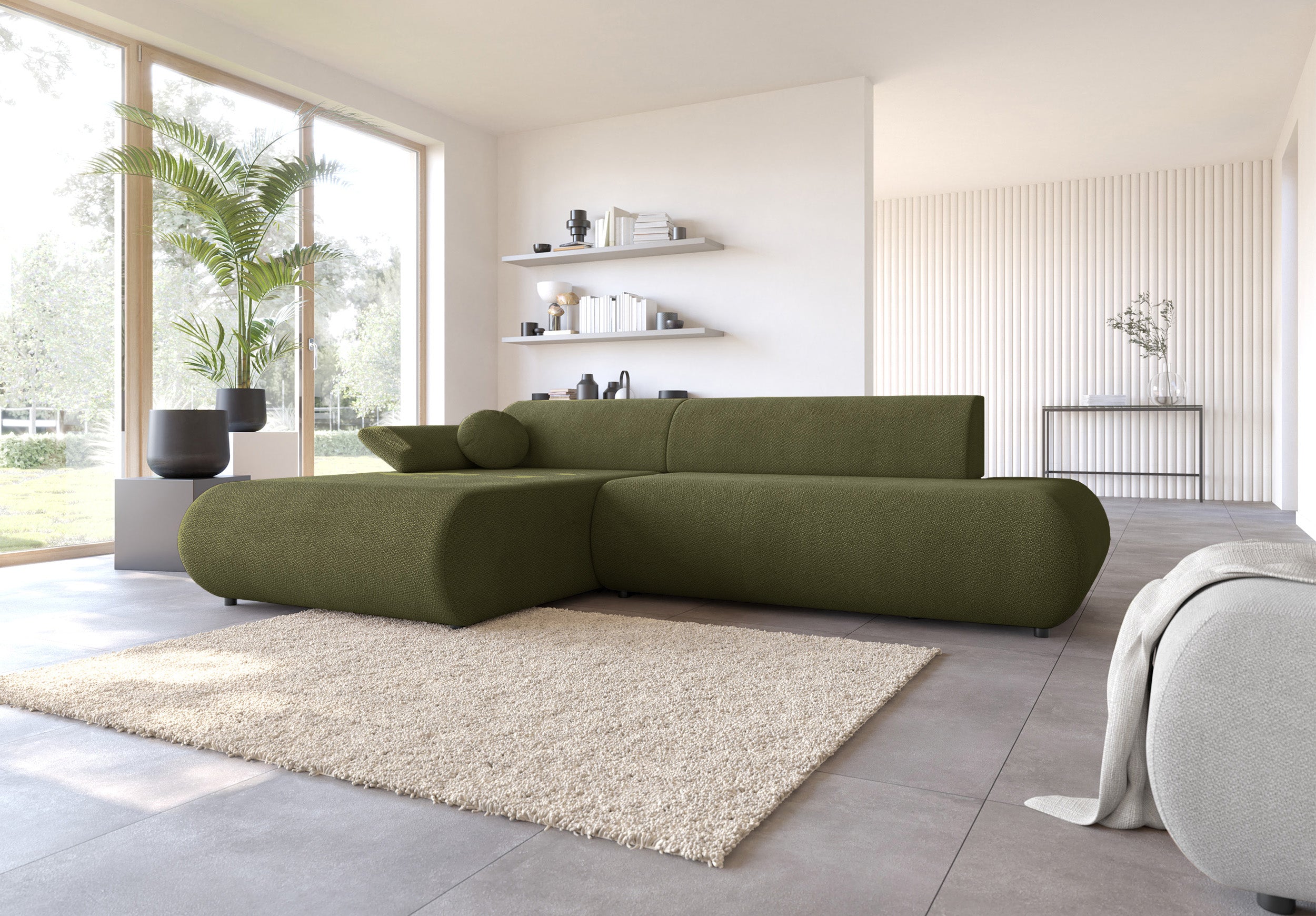 Ecksofa mit Schlaffunktion Armone, L-förmig, linksseitig, olivgrüner Chenillestoff
