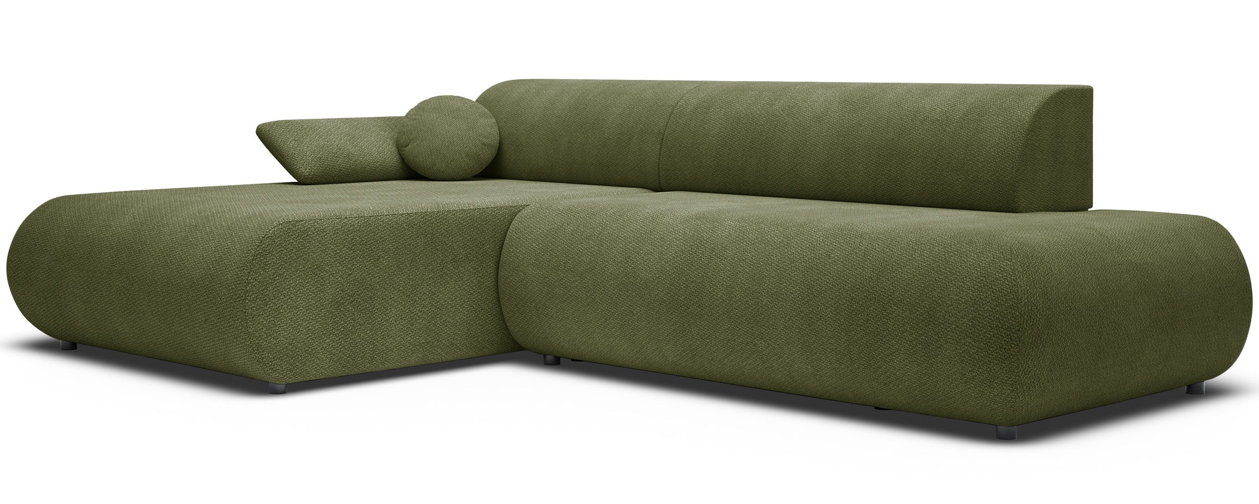 Ecksofa mit Schlaffunktion Armone, L-förmig, linksseitig, olivgrüner Chenillestoff