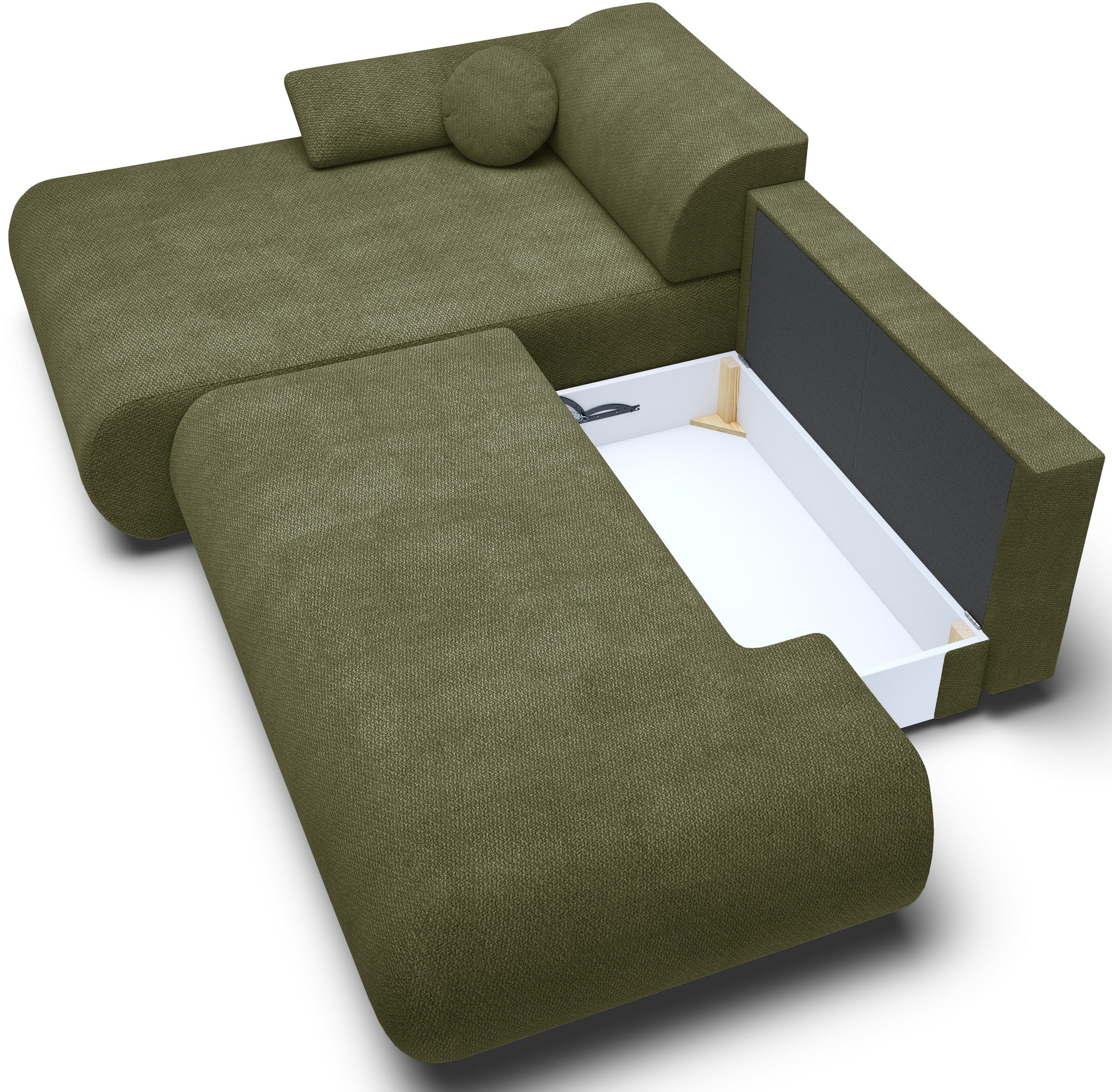 Ecksofa mit Schlaffunktion Armone, L-förmig, linksseitig, olivgrüner Chenillestoff