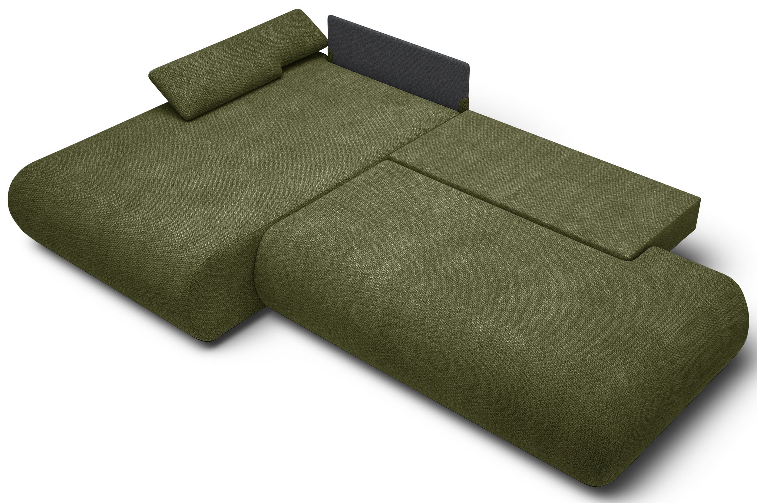 Ecksofa mit Schlaffunktion Armone, L-förmig, linksseitig, olivgrüner Chenillestoff