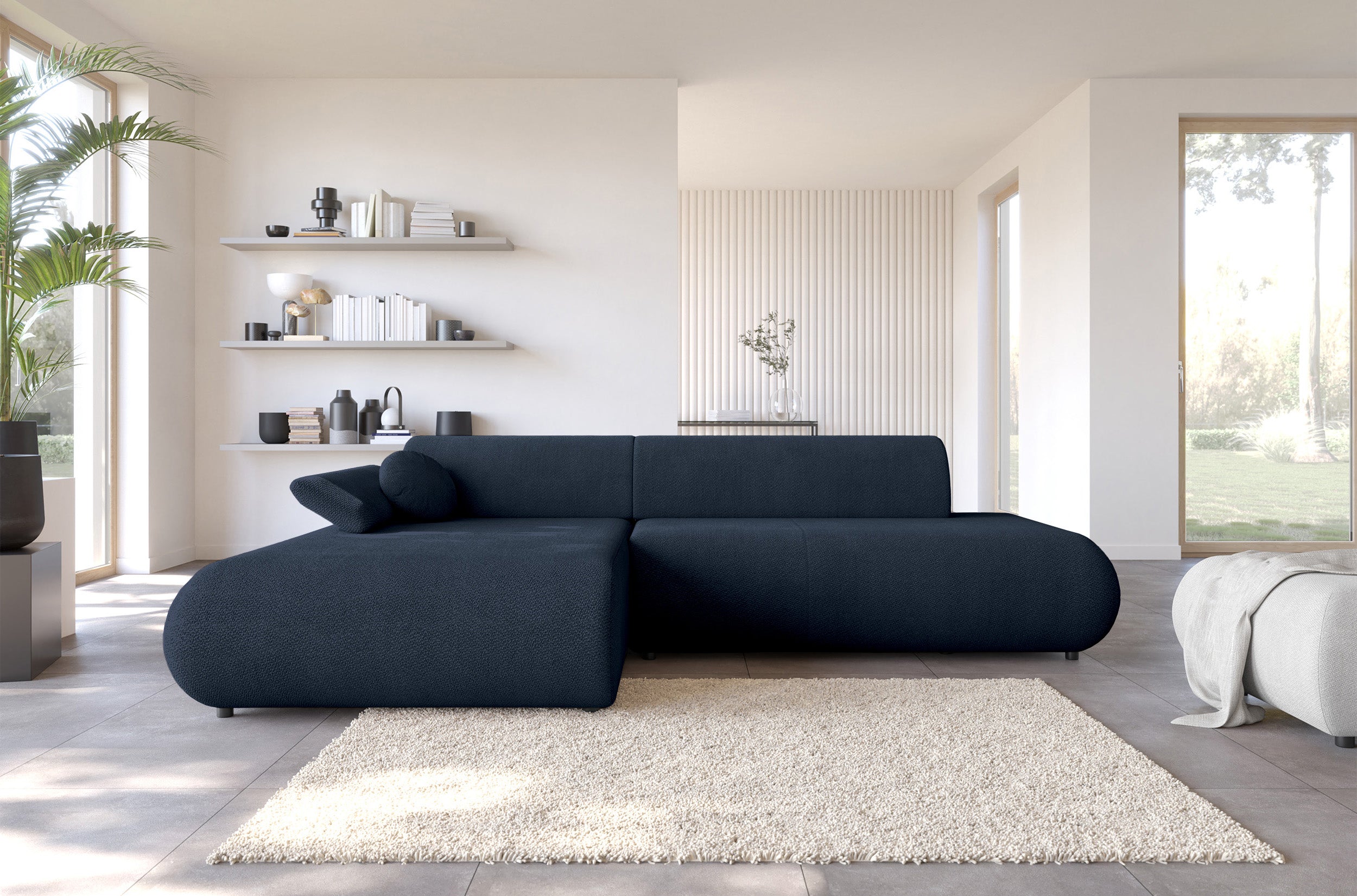 Ecksofa mit Schlafunktion Armone, L-förmig, linksseitig, marineblauer Chenille-Bezug