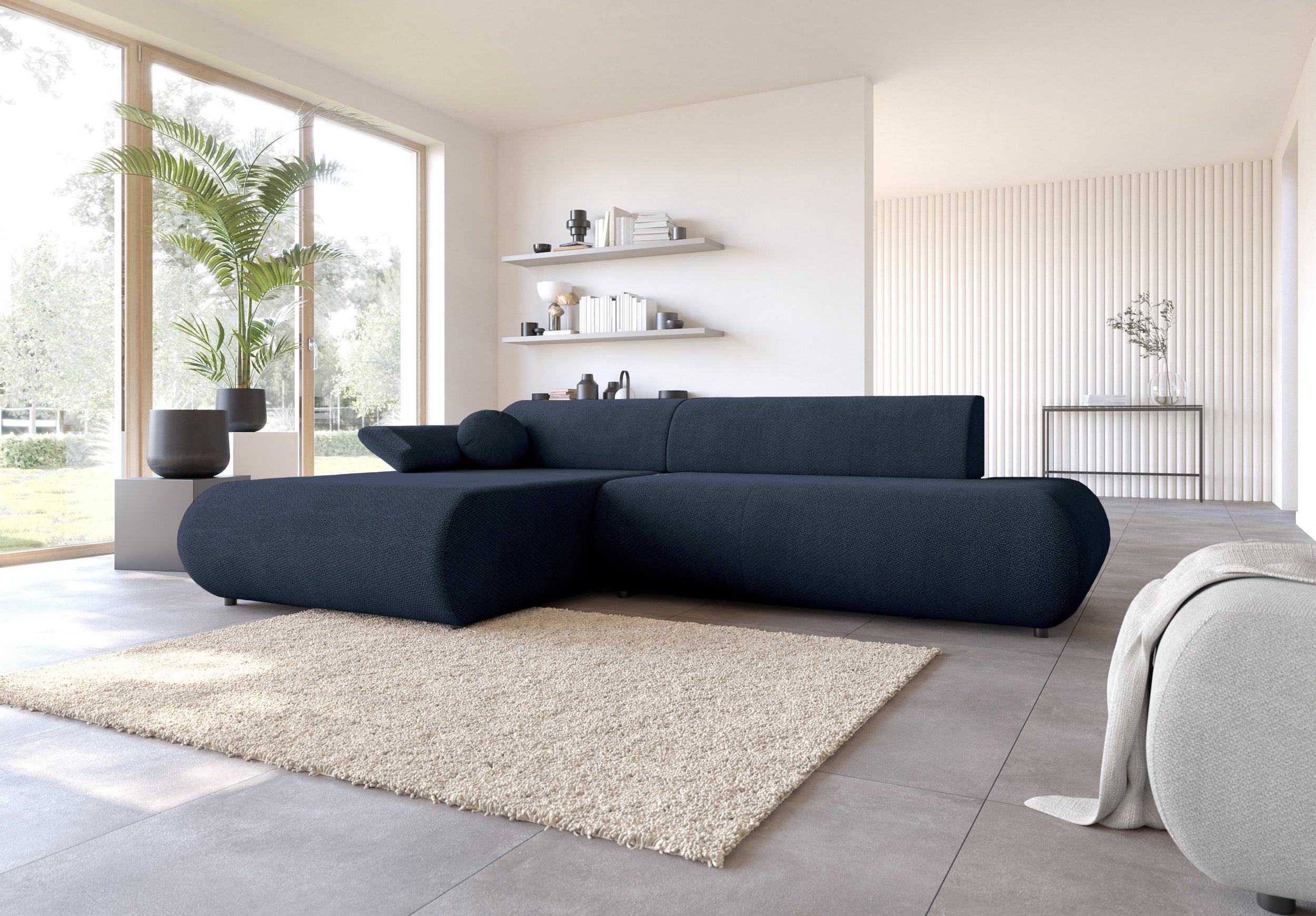 Ecksofa mit Schlafunktion Armone, L-förmig, linksseitig, marineblauer Chenille-Bezug