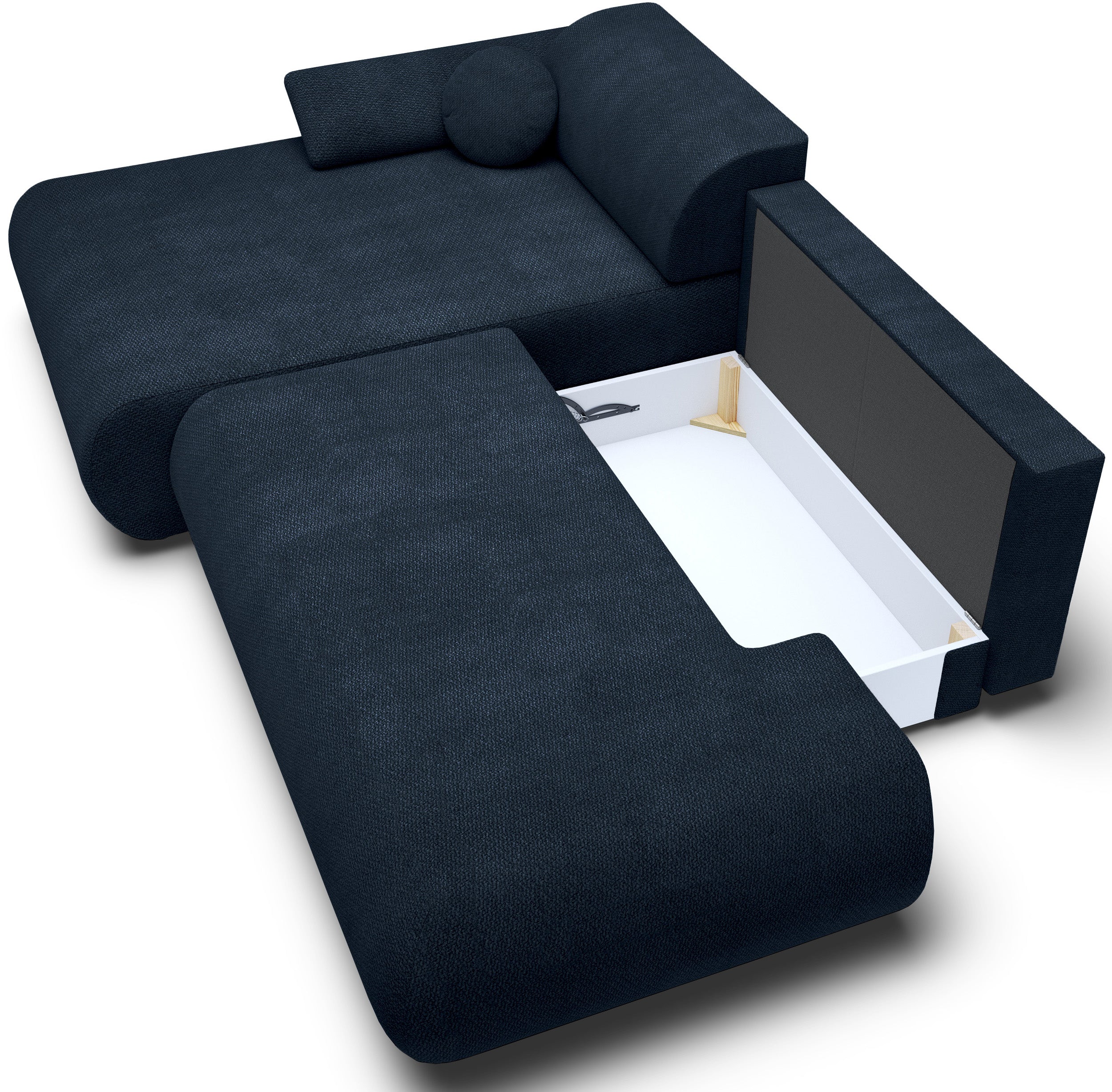 Ecksofa mit Schlafunktion Armone, L-förmig, linksseitig, marineblauer Chenille-Bezug