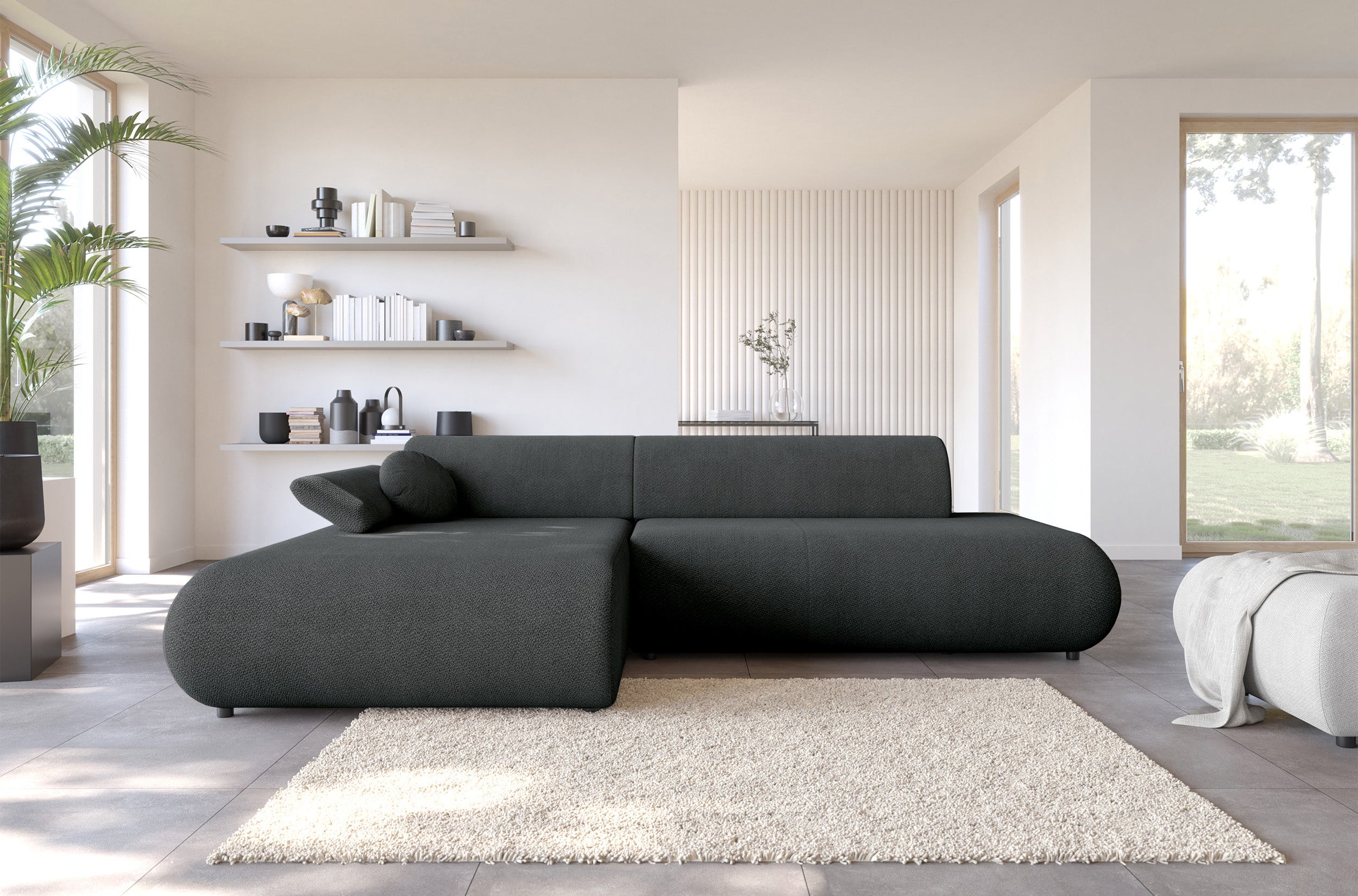 Ecksofa mit Schlaffunktion Armone, L-förmig, linksseitig, grafitfarbener Chenille-Stoff