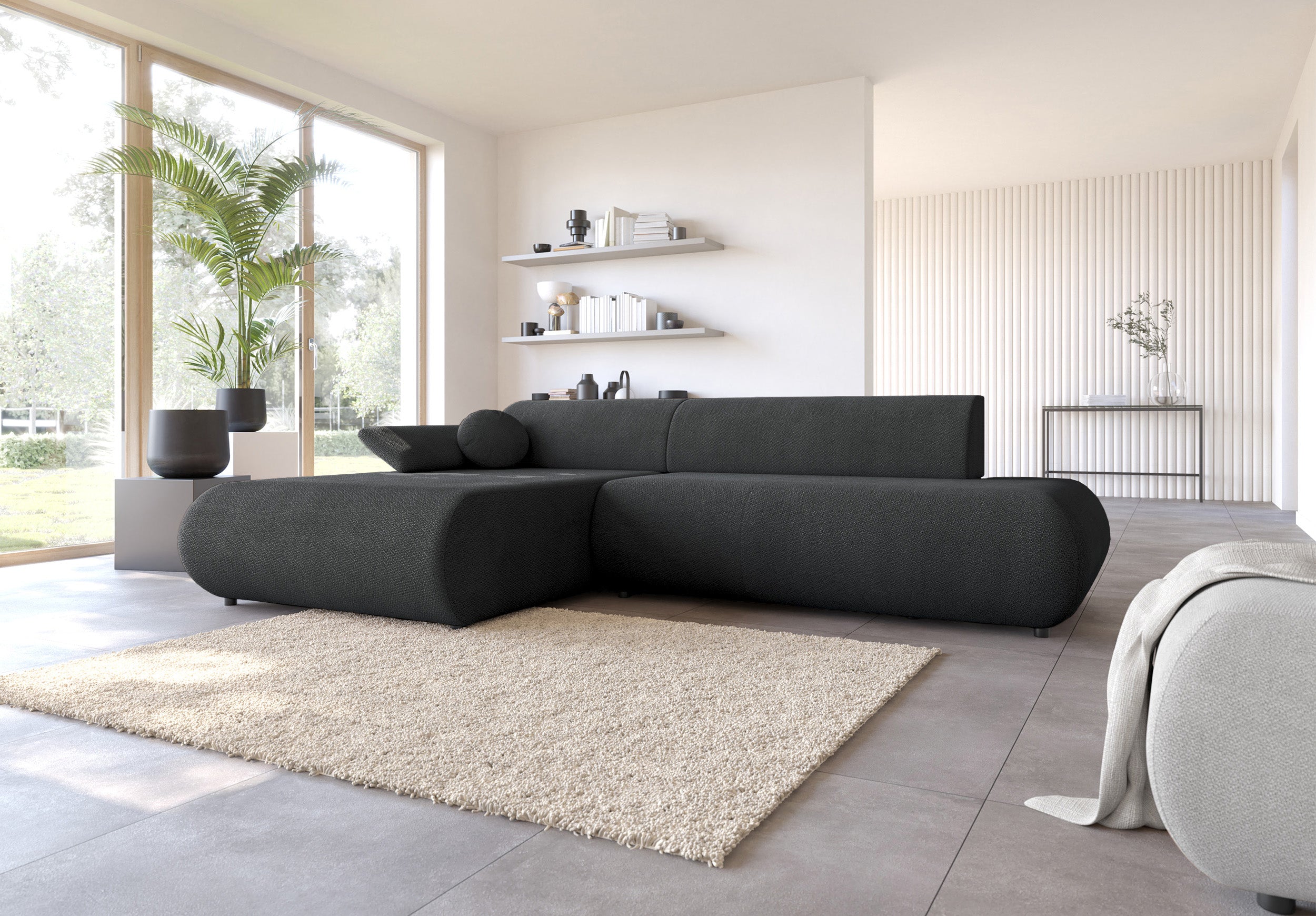 Ecksofa mit Schlaffunktion Armone, L-förmig, linksseitig, grafitfarbener Chenille-Stoff