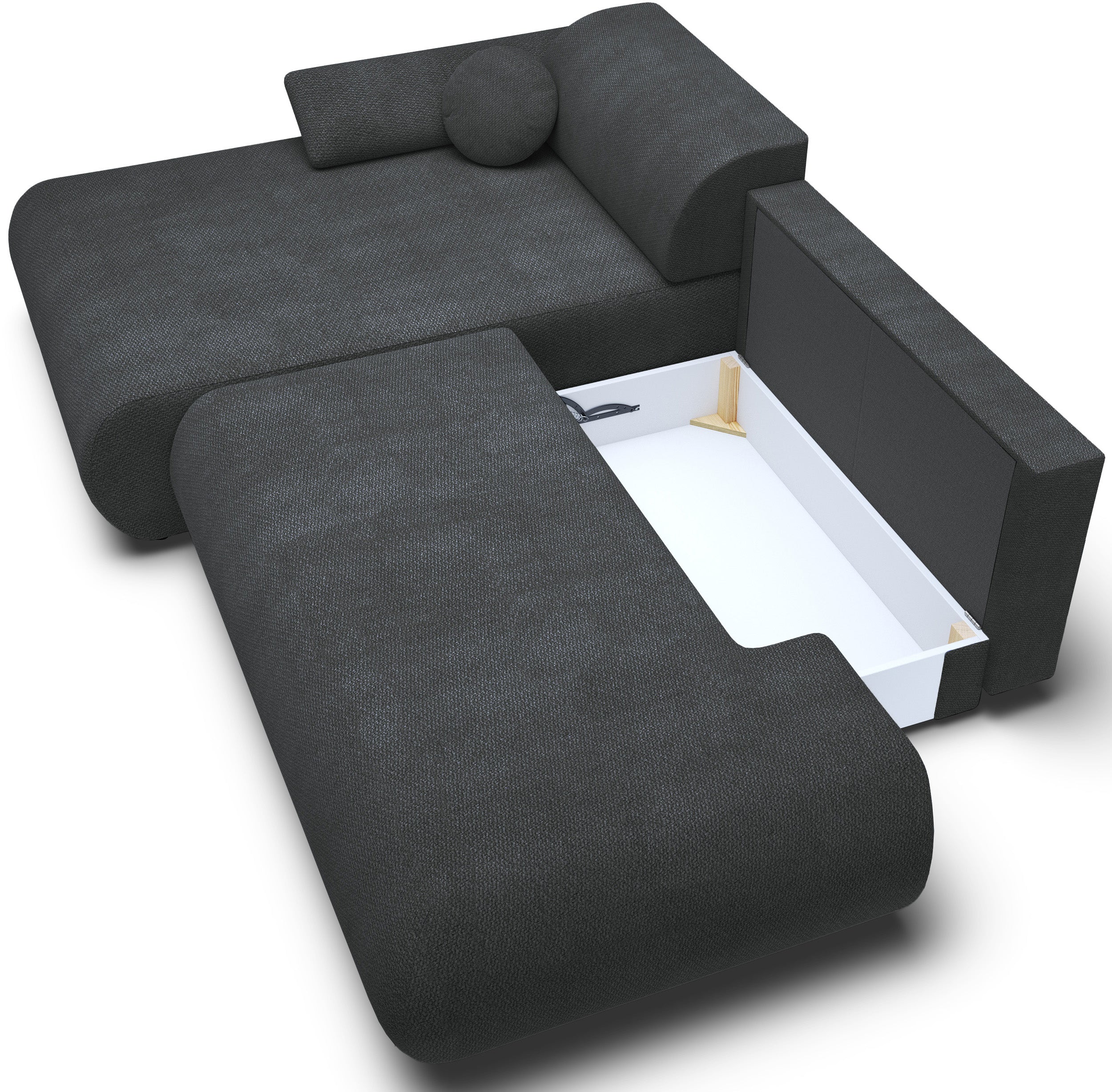 Ecksofa mit Schlaffunktion Armone, L-förmig, linksseitig, grafitfarbener Chenille-Stoff
