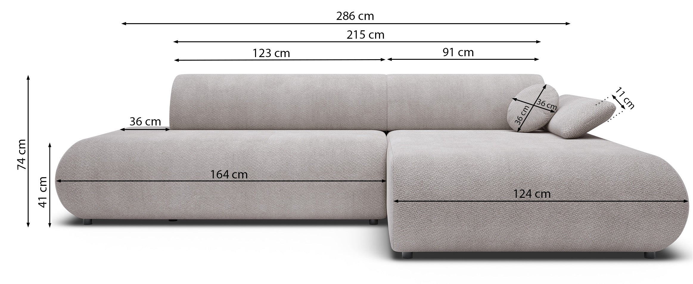 Ecksofa mit Schlaffunktion Armone, L-förmig, linksseitig, hellgrauer Chenille-Stoff