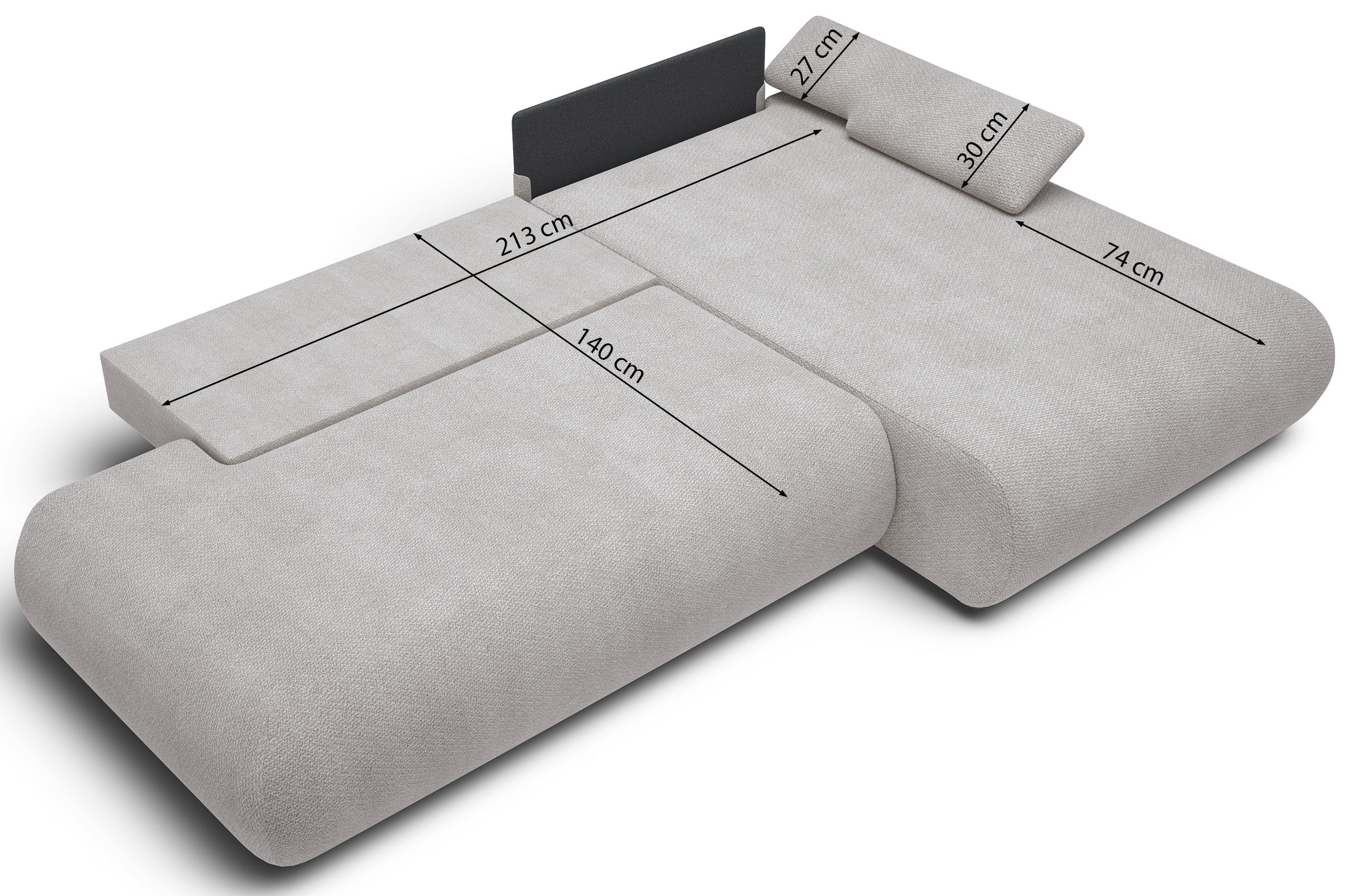Ecksofa mit Schlaffunktion Armone, L-förmig, linksseitig, hellgrauer Chenille-Stoff