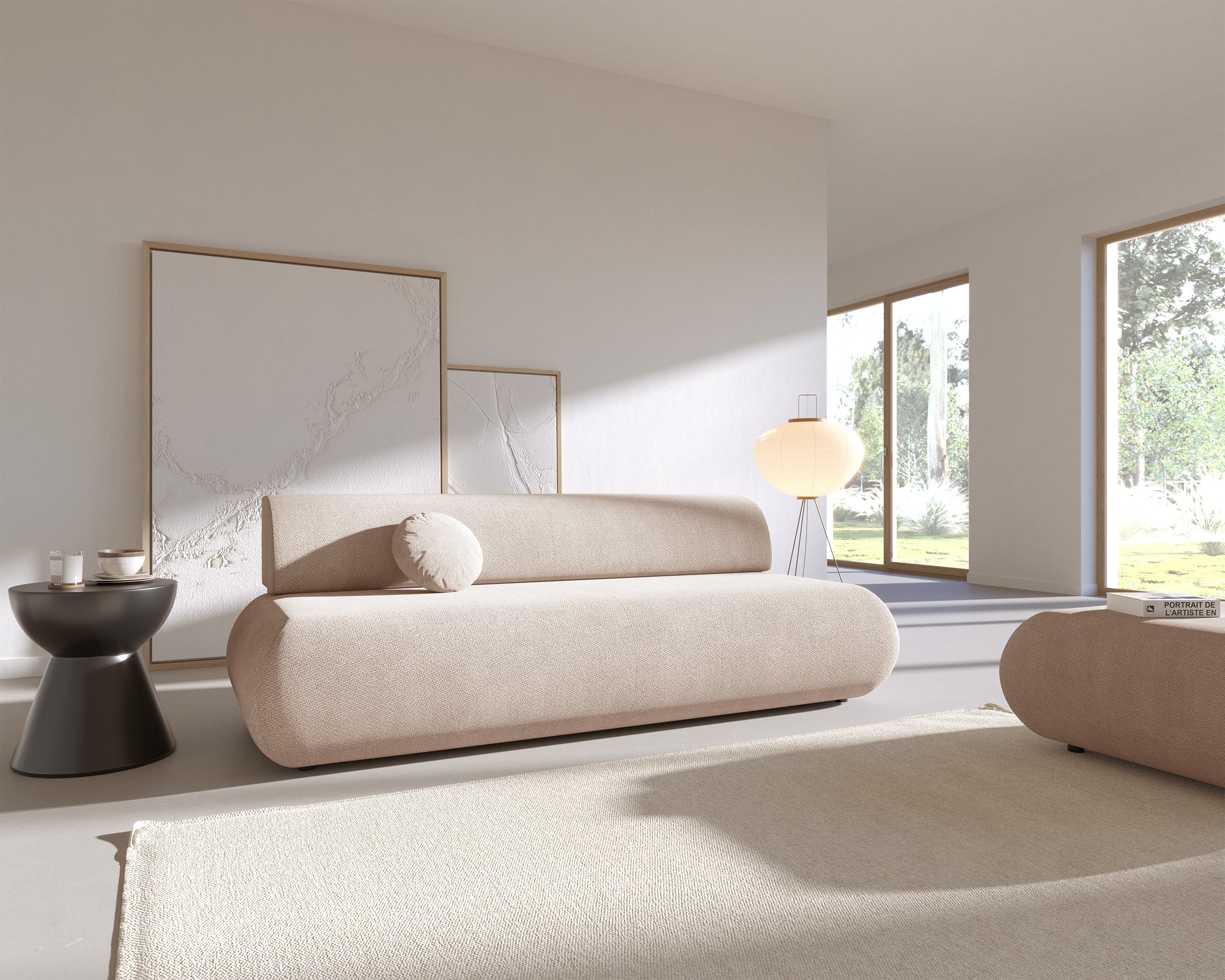 Dreisitziges ausklappbares Sofa Armone in hellbeigem Chenille-Stoff