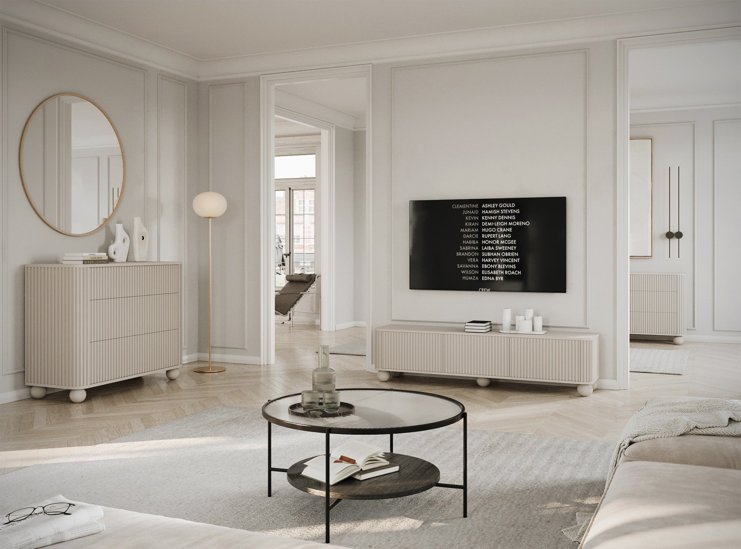 TV-Schrank Arvello mit Rillen, dreitürig, 163 cm, auf Kugelfüßen, sandbeige