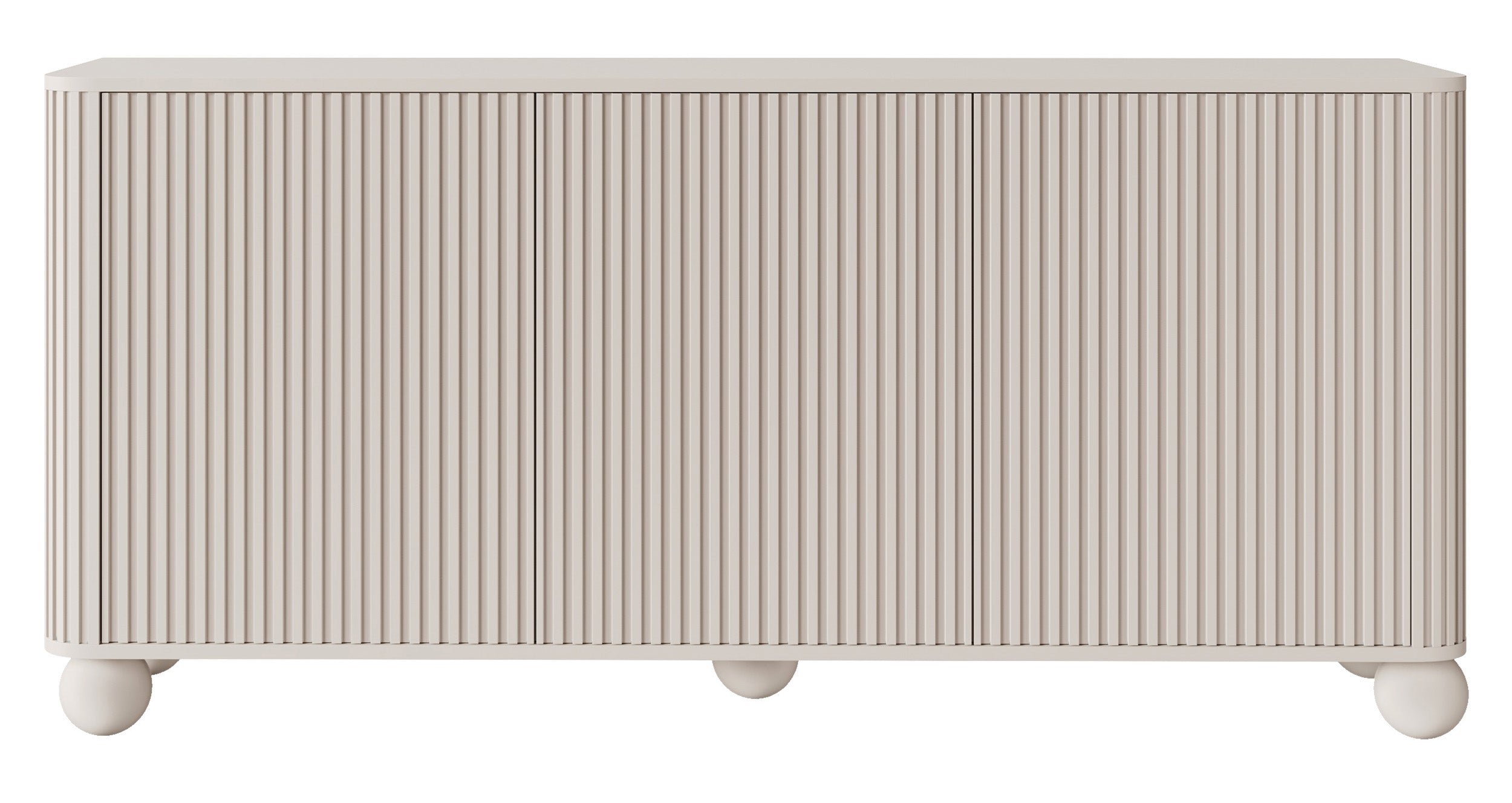 Kommode Arvello mit Fräsungen, dreitürig, 163 cm, auf kugelförmigen Beinen, Sandbeige