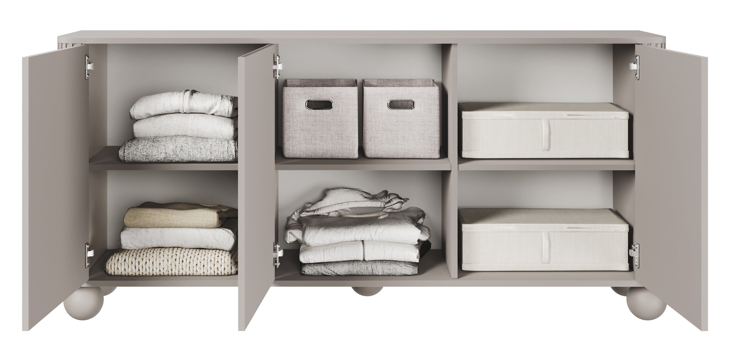 Kommode Arvello mit Fräsungen, dreitürig, 163 cm, auf kugelförmigen Beinen, Sandbeige