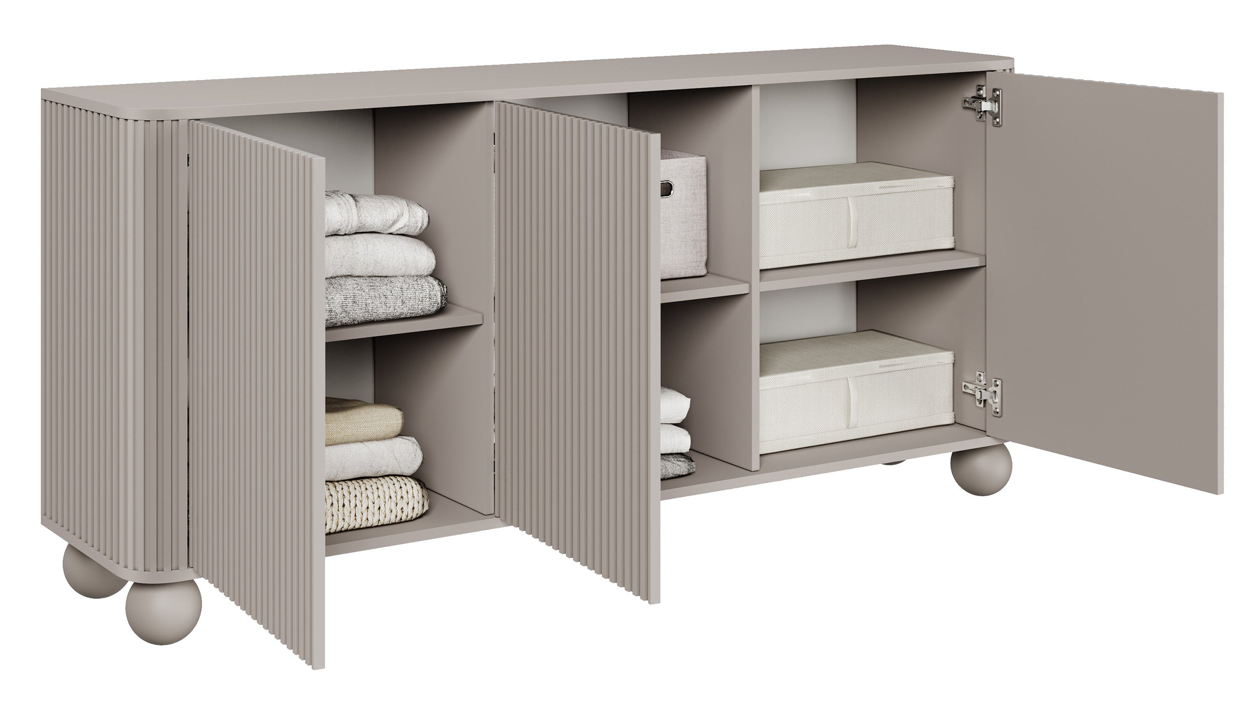 Kommode Arvello mit Fräsungen, dreitürig, 163 cm, auf kugelförmigen Beinen, Sandbeige