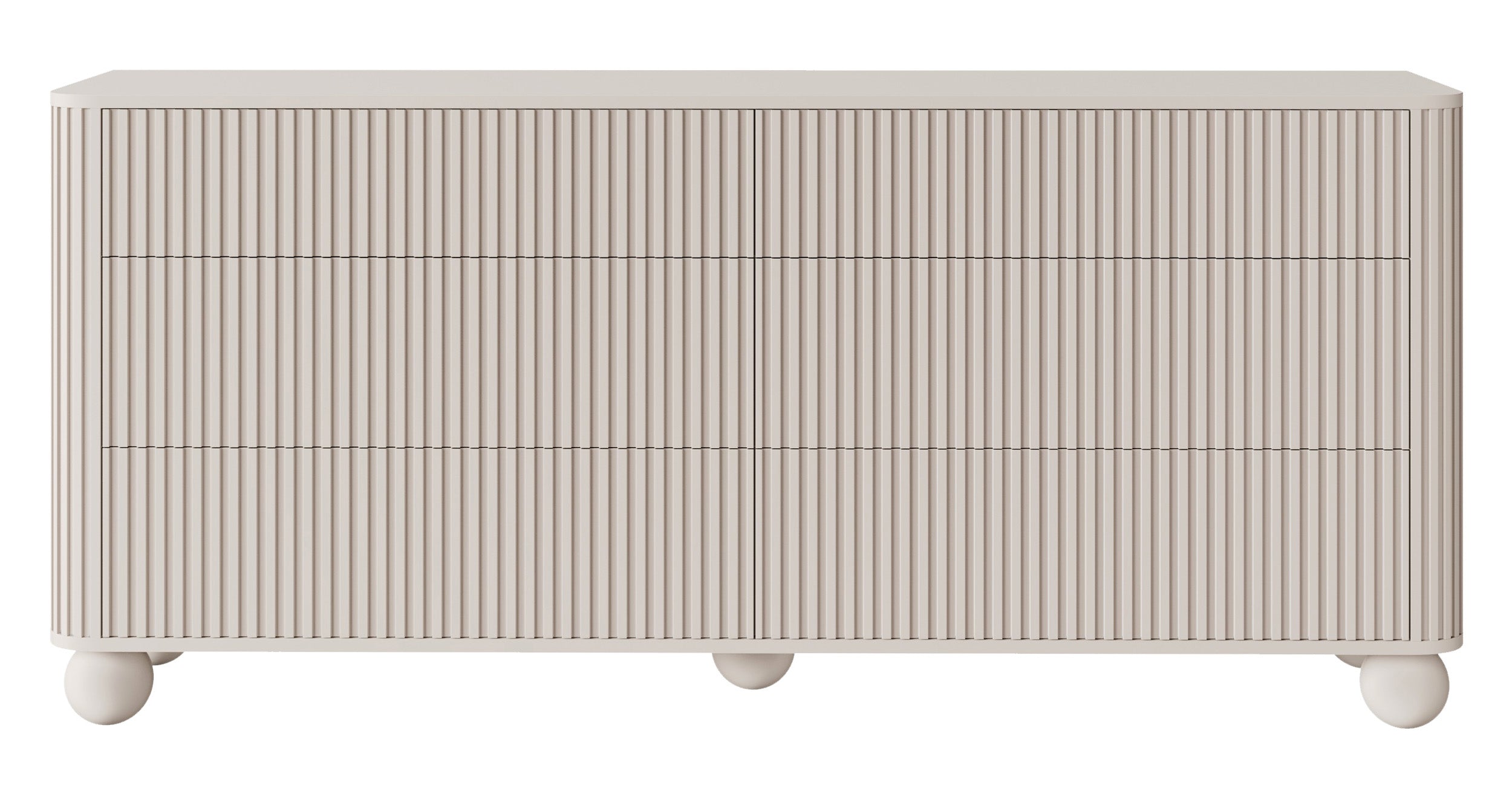 Kommode Arvello mit Fräsungen und sechs Schubladen, 168 cm, auf Kugelfüßen, beige sandfarben