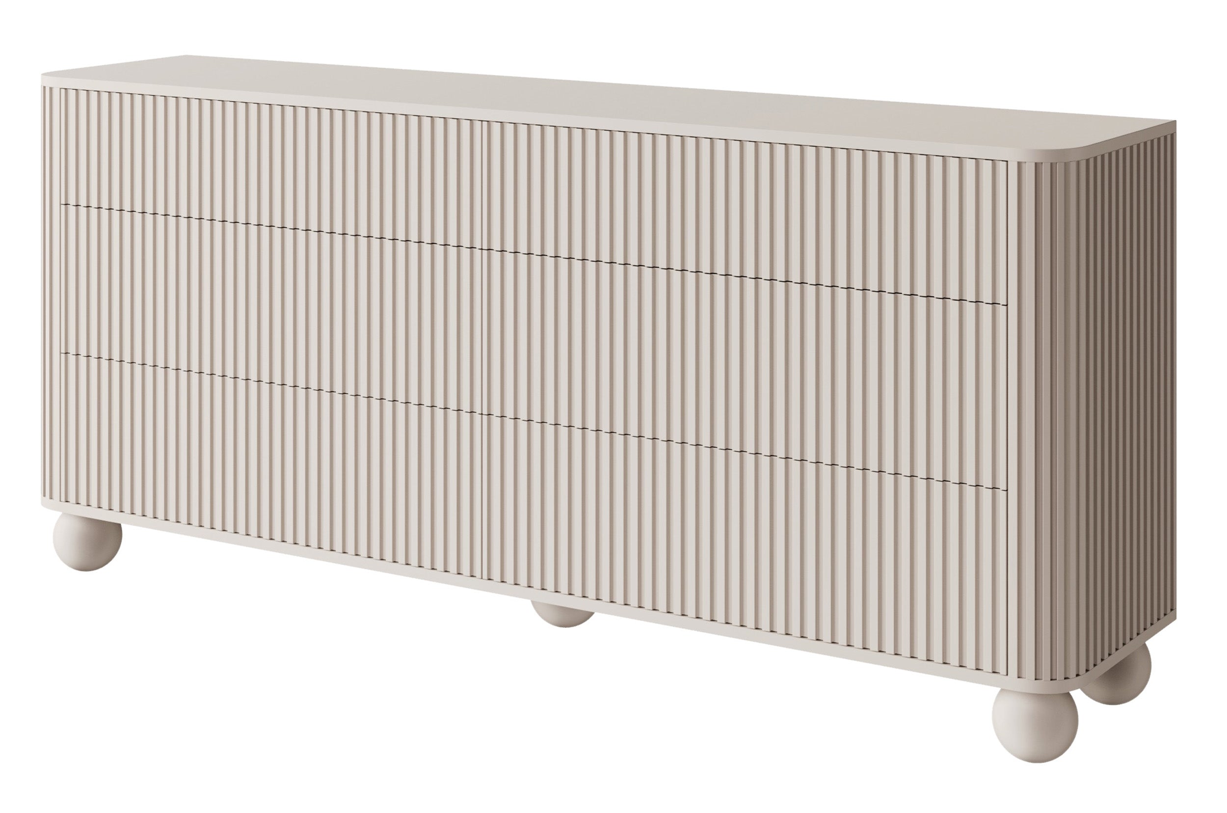 Kommode Arvello mit Fräsungen und sechs Schubladen, 168 cm, auf Kugelfüßen, beige sandfarben