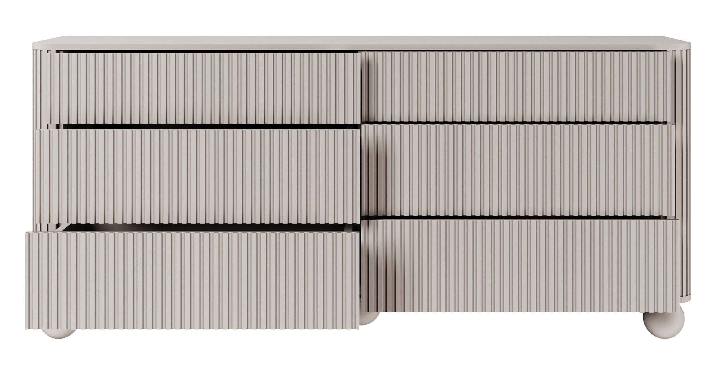 Kommode Arvello mit Fräsungen und sechs Schubladen, 168 cm, auf Kugelfüßen, beige sandfarben