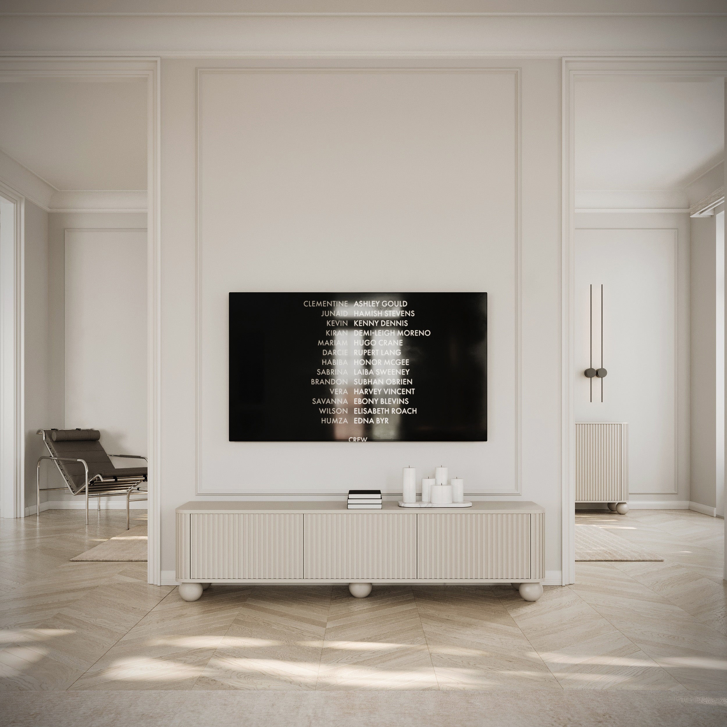 TV-Schrank Arvello mit Rillen, dreitürig, 163 cm, auf Kugelfüßen, sandbeige