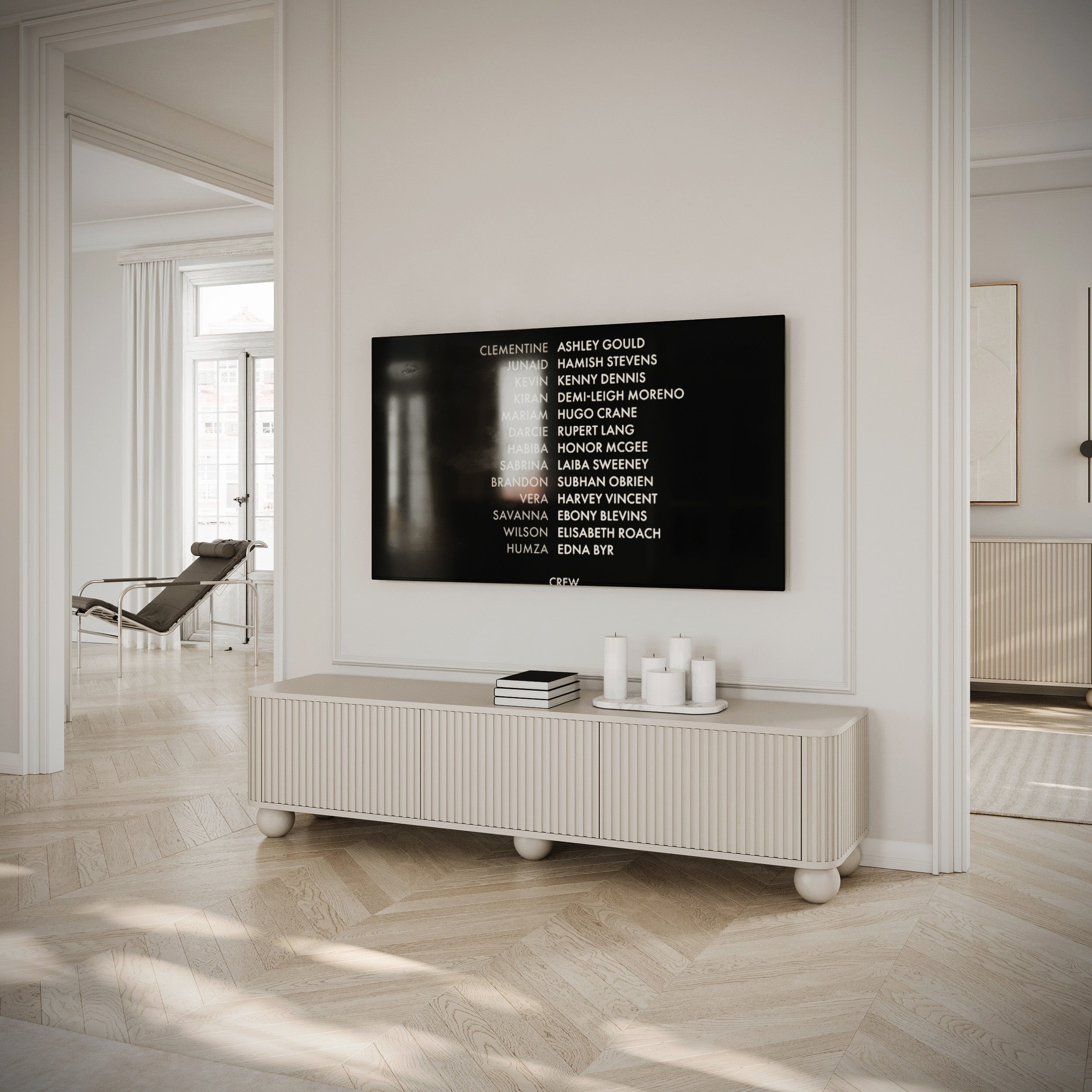TV-Schrank Arvello mit Rillen, dreitürig, 163 cm, auf Kugelfüßen, sandbeige
