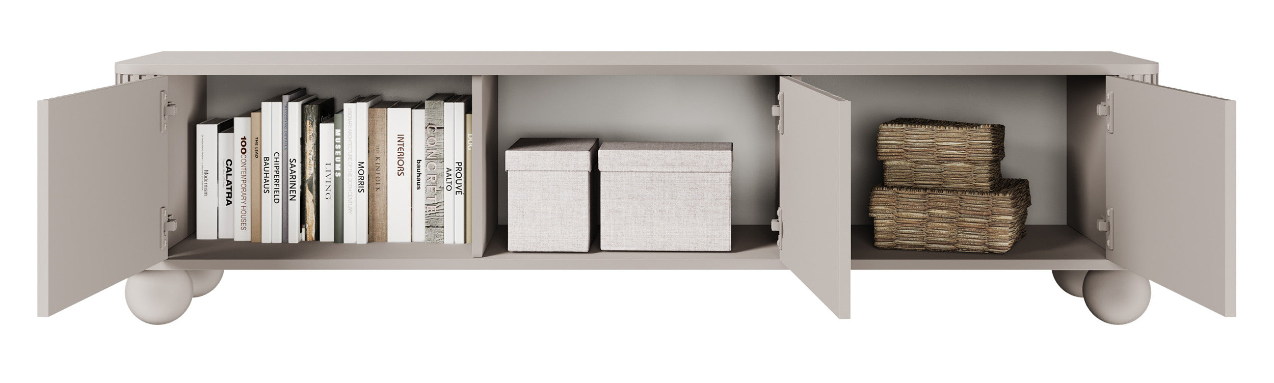 TV-Schrank Arvello mit Rillen, dreitürig, 163 cm, auf Kugelfüßen, sandbeige